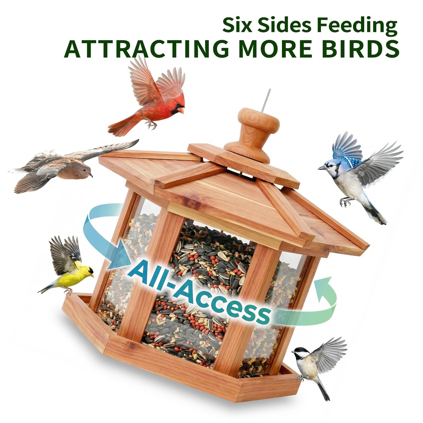 Solution4Patio Bird Feeder for Outdoors - USA Cedar Hexagon Gazebo Bird Feeders with Vented Mesh Tray, Easy-Clean & Fill Design 9.6" Dia. X 8.7" H 3.2-lb Capacity