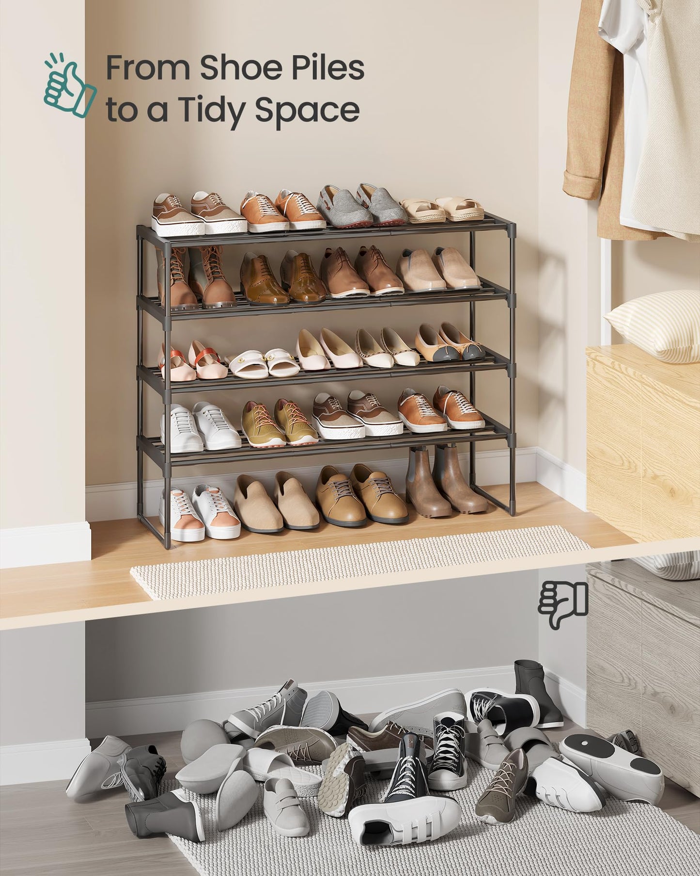 SONGMICS Shoe Rack, 4-Tier Shoe Organizer, Metal Storage Shelf, Upright or Upside Down, for 20-25 Pairs, Stackable, for Entryway, 11.8 x 36.2 x 29.1 Inches, Black ULSA14BK