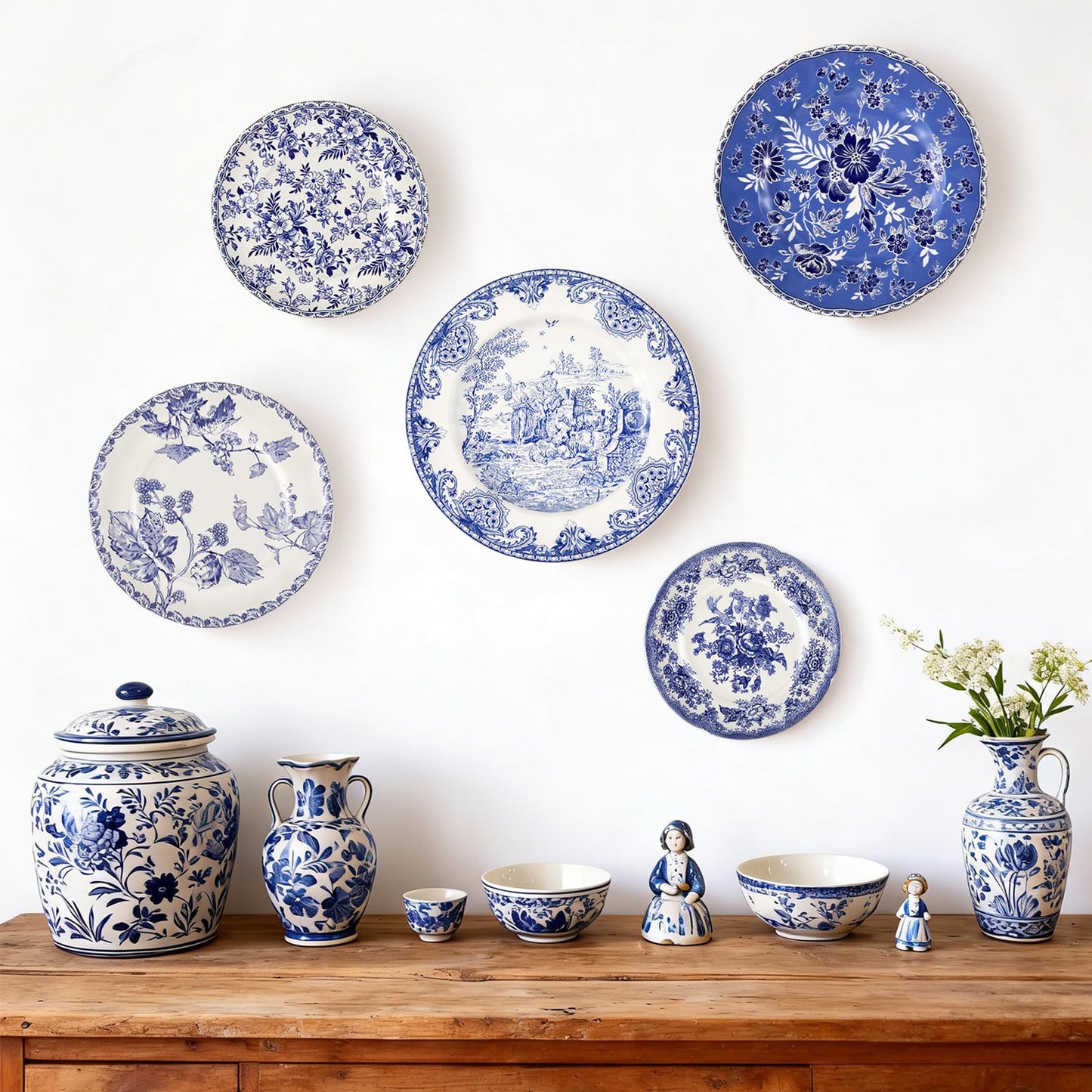 Yiyiring Holland Wall Sculpture Plates for Wall, Ceramic Vintage Blue and White Plates Set, Vintage Gifts, Display Home Bedroom Office Art Ornament(5 Pcs,Flowers)