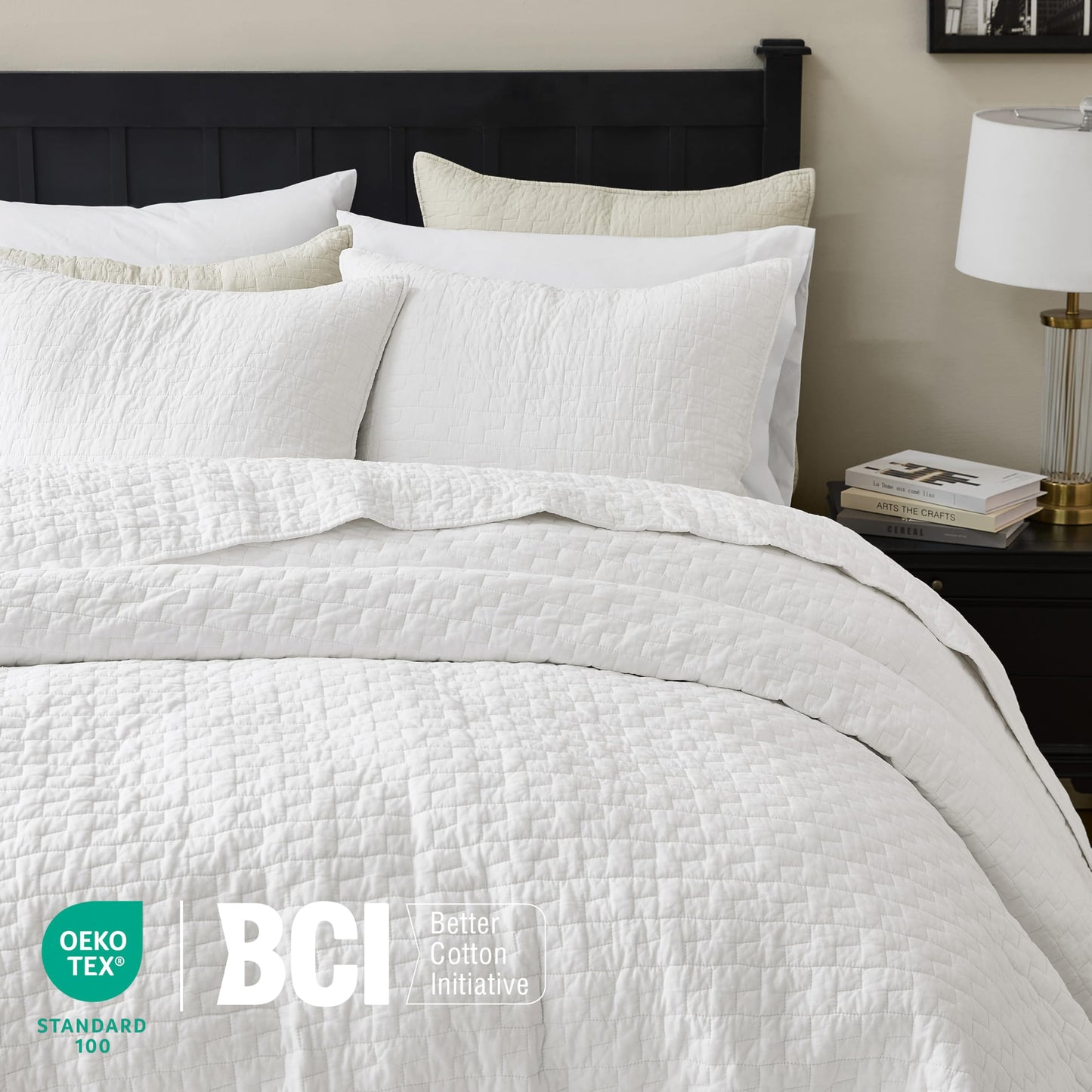 palassio White 100% Cotton Quilt Queen Size Bedding Sets with 2 Pillow Shams, Textured Lightweight Soft Bedspread Shabby Chic Coverlet, Quilted Comforter Bed Cover for All Season, 3 Pieces
