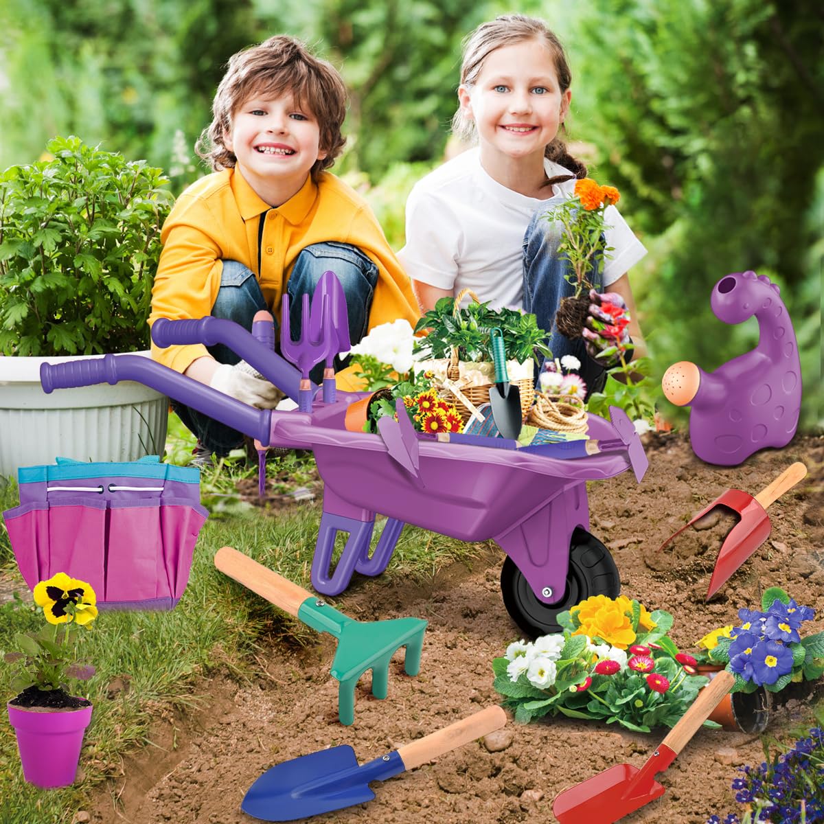 Losbenco 15 PCS Kids Gardening Tool Set for Girls Boys, Toddler Gardening Tools Set with Wheelbarrow, Flower Pot, Storage Bag, Rake, Fork, Shovel, Apron, Outdoor Garden Tool Play Set for Kids
