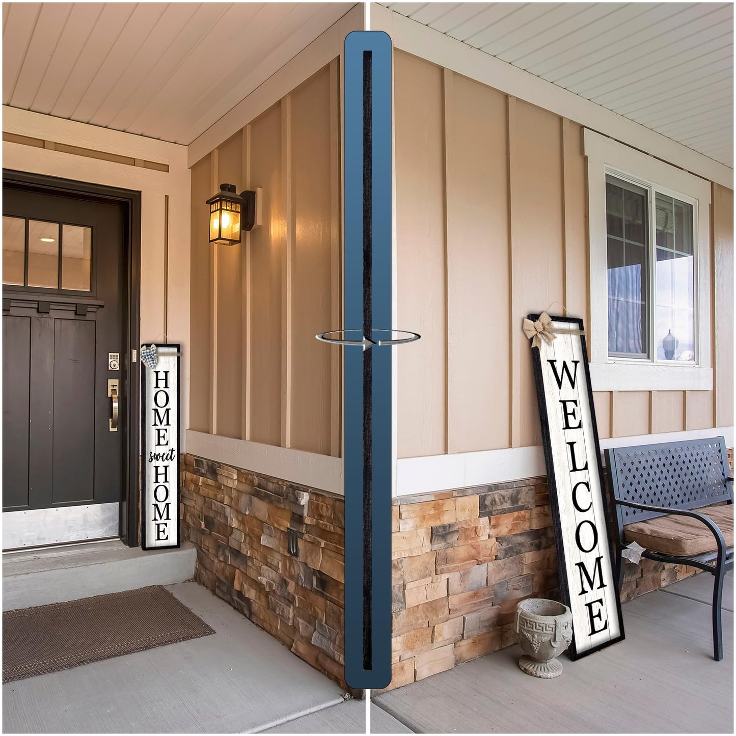 Surfapans Outdoor Welcome Sign for Front Porch Standing Large 2 Sided 45"X9" Wooden Frame Tall Vertical Leaner Long Home Sweet Home Front Door Sign for Rustic Outside Farmhouse Modern Decor (Black)