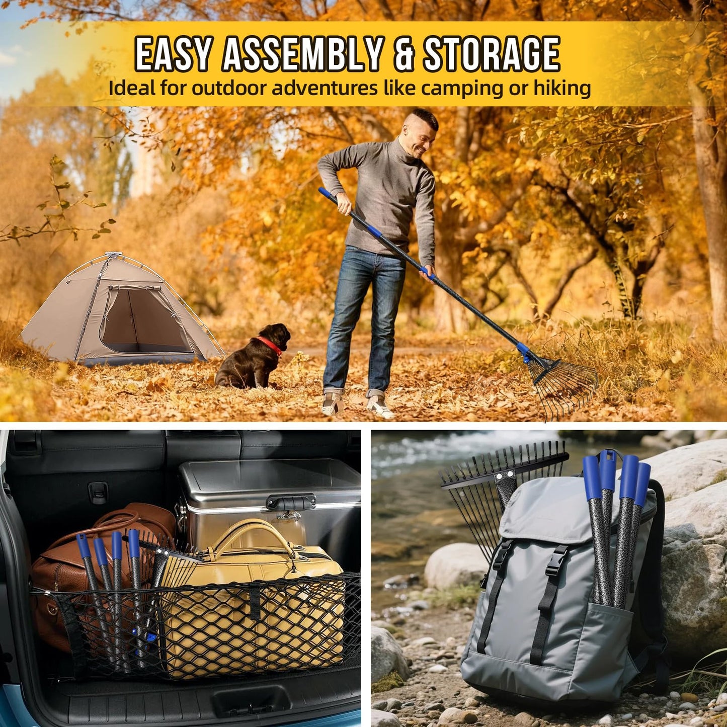 Adjustable Leaf Rake, Heavy Duty Metal Rake for Leaves, Long Handle 30"-75" with Expandable Head 8"-17", Collapsible Small Rakes for Lawns, Gardening, Yard, Camping, Shrub, Grass, Bush, Weed, Debris