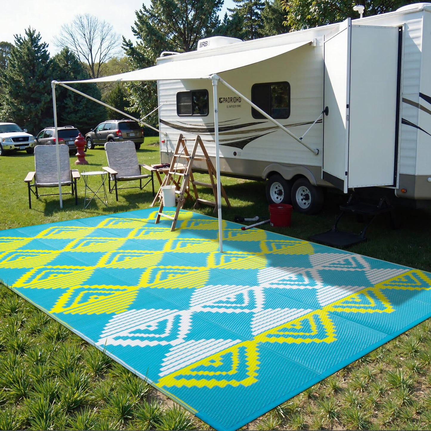 Beeiva Outdoor Rugs 8x10 Waterproof, Modern Geometric Reversible Plastic Straw Patio Mat, Large Foldable Outside Rug for Camping, Porch, Deck, Backyard, Balcony, Picnic - Blue & Yellow