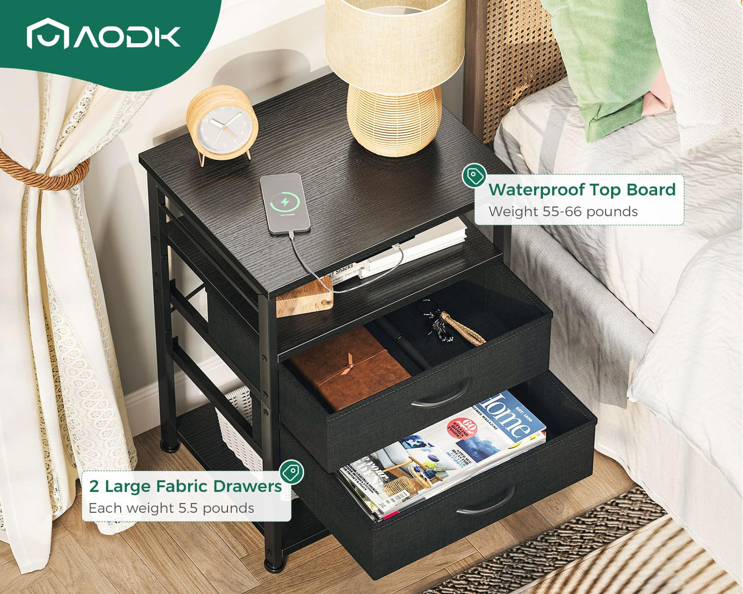AODK Nightstand with Charging Station & LED Lights, 27.6" Tall Bedside Table with 4-Tier Storage, 2 Fabric Drawers & 2 Open Shelves, Space-Saving End Table for Bedroom, Black