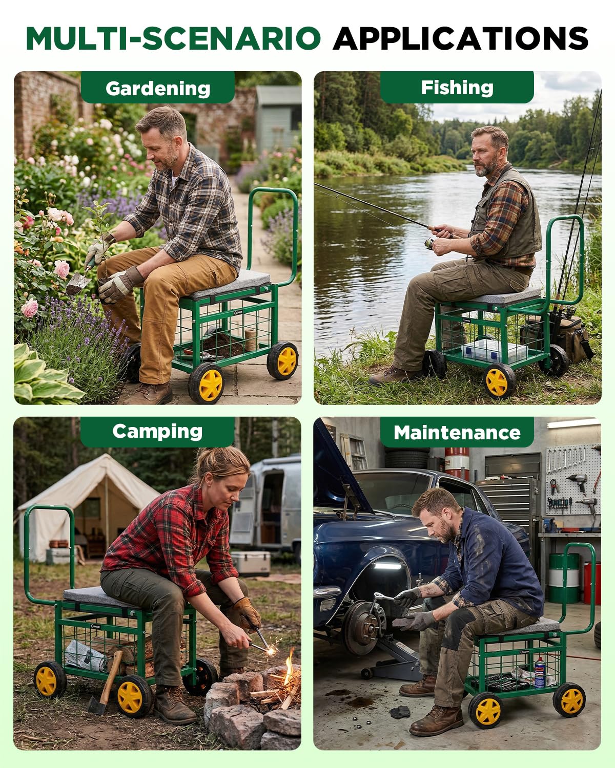 Saker Rolling Garden Cart with Seat & Wheels - 15.7'' EVA Padded Rolling Stool, 500 lb Steel Frame, Large Storage Basket - Garden Wagon Workseat for Patio Lawn Yard (Basic Version)