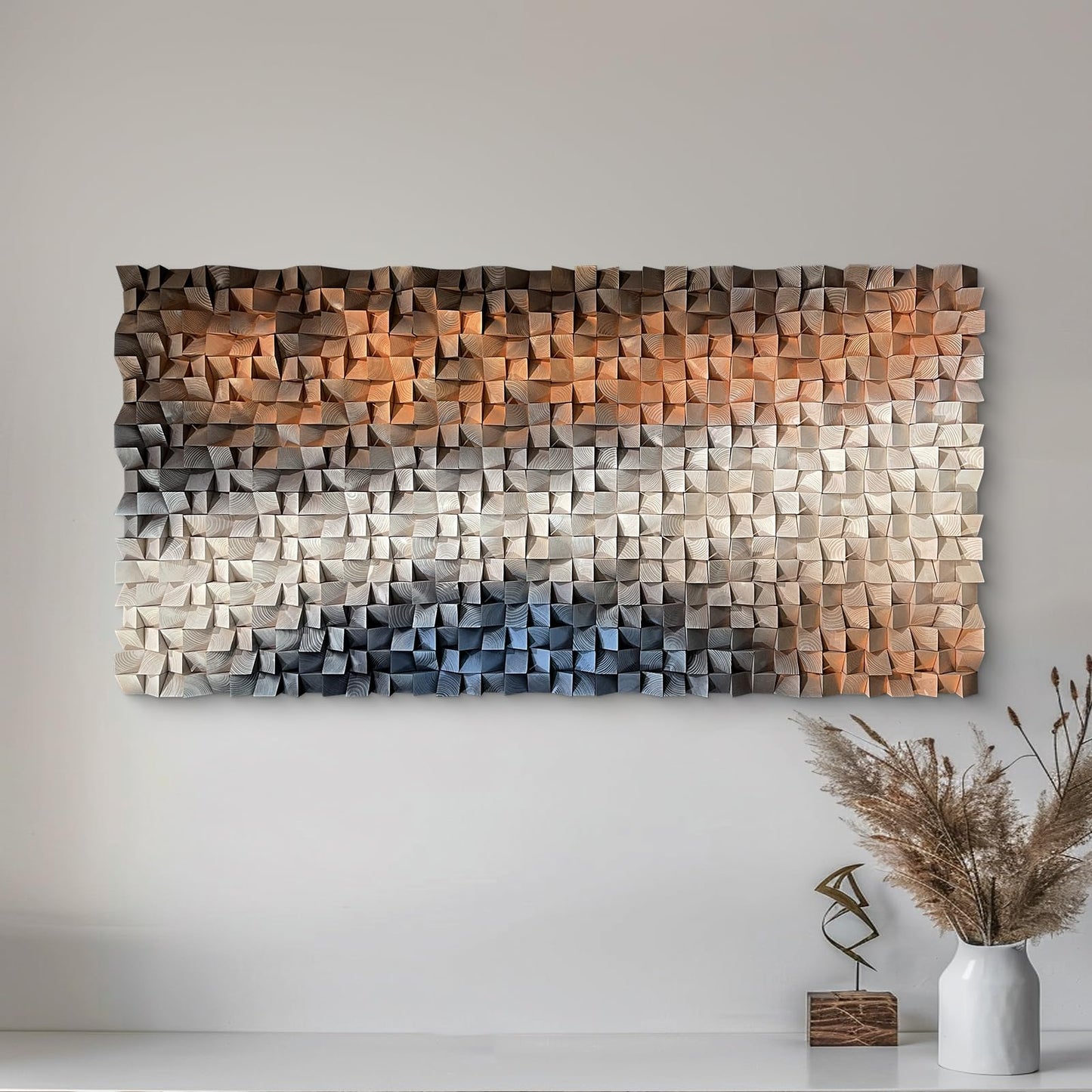 LIUZEYUE Large Wood Wall Art, 3D Textured Mosaic with Geometric Lines, Statement Piece for Stairway Wall or Bedroom, Easy Installation, 27.6x55.1 Inches