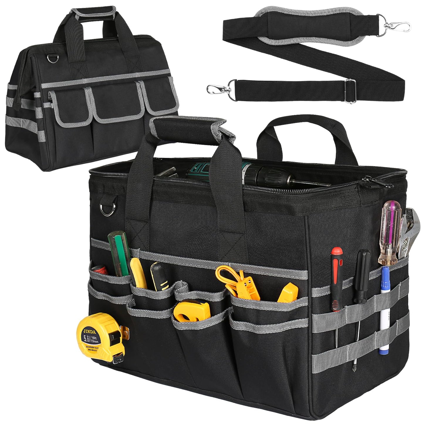 LuxDuo Heavy Duty Tool Bag,16.5 Inch Tool Bags for Men with 29 Pockets Portable Empty Tool Box Organizer,Waterproof Heavy Duty Tool Bag with Soft Handle Large Zipper,Father Day Gifts for Him Dad Men