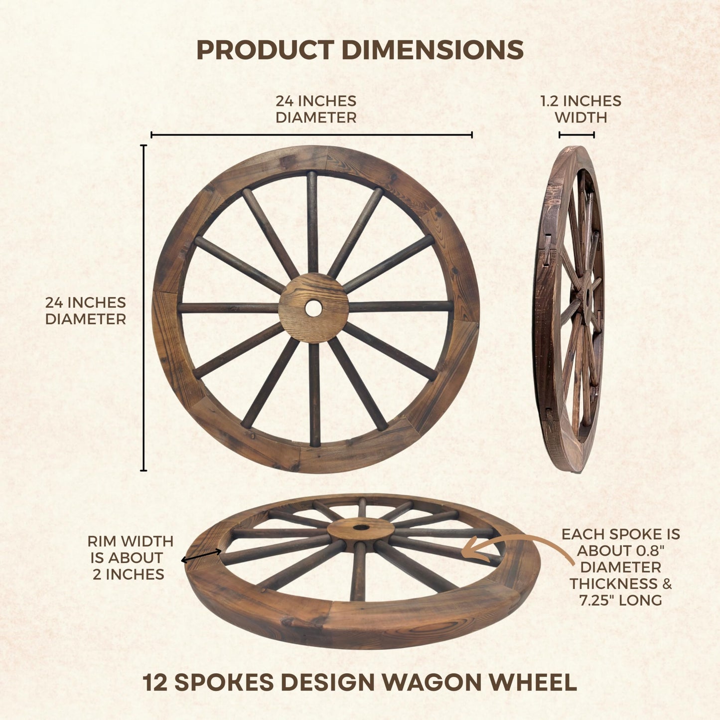 Rustic Western 24" Wood Wagon Wheel Decor, Fully Painted 1.2" Thick Farmhouse Country Barn Wall Art, 12-Spoke Sturdy Wood with Protective Coating for Indoor & Outdoor Display, Great Holidays Gift | Western Wall Art