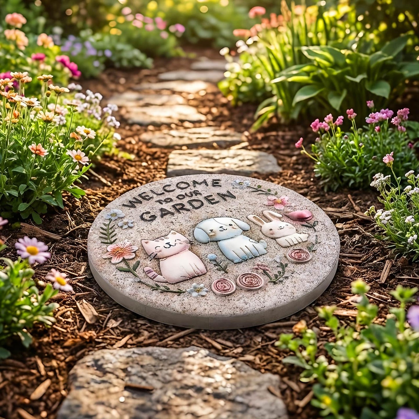 Bechivie Garden Stepping Stones Outdoor, 9.8" Resin Pet Cat Dog Bunny Stepping Stone for Walkway Gardening Gifts, Spring Decorative Round Welcome to Our Garden Home Decor for Outside Yard Patio Lawn