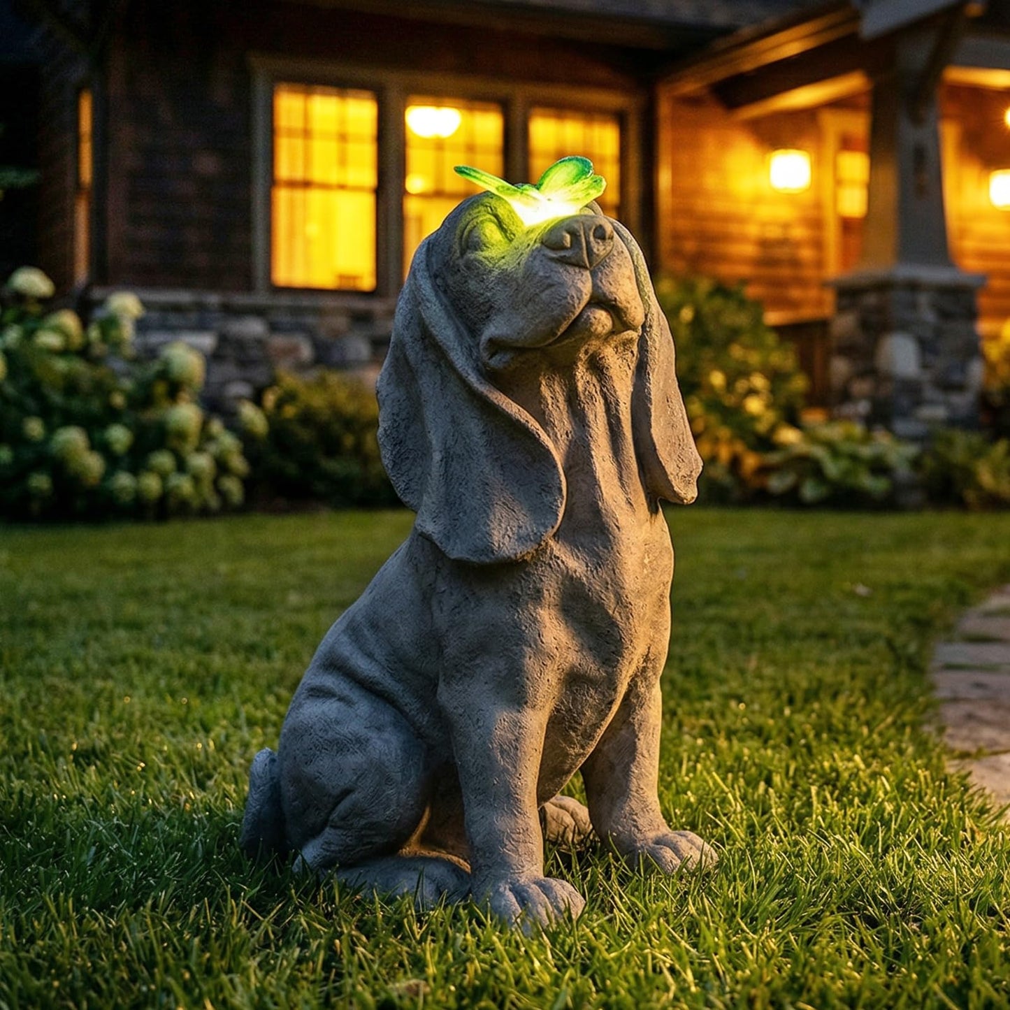Ovewios Garden Statue Dog Figurines - Outdoor Dog Statue with Solar Butterfly Lights for Patio Yard Art Decor Balcony Lawn Ornament, Ideal Housewarming Gardening Gifts for Mom
