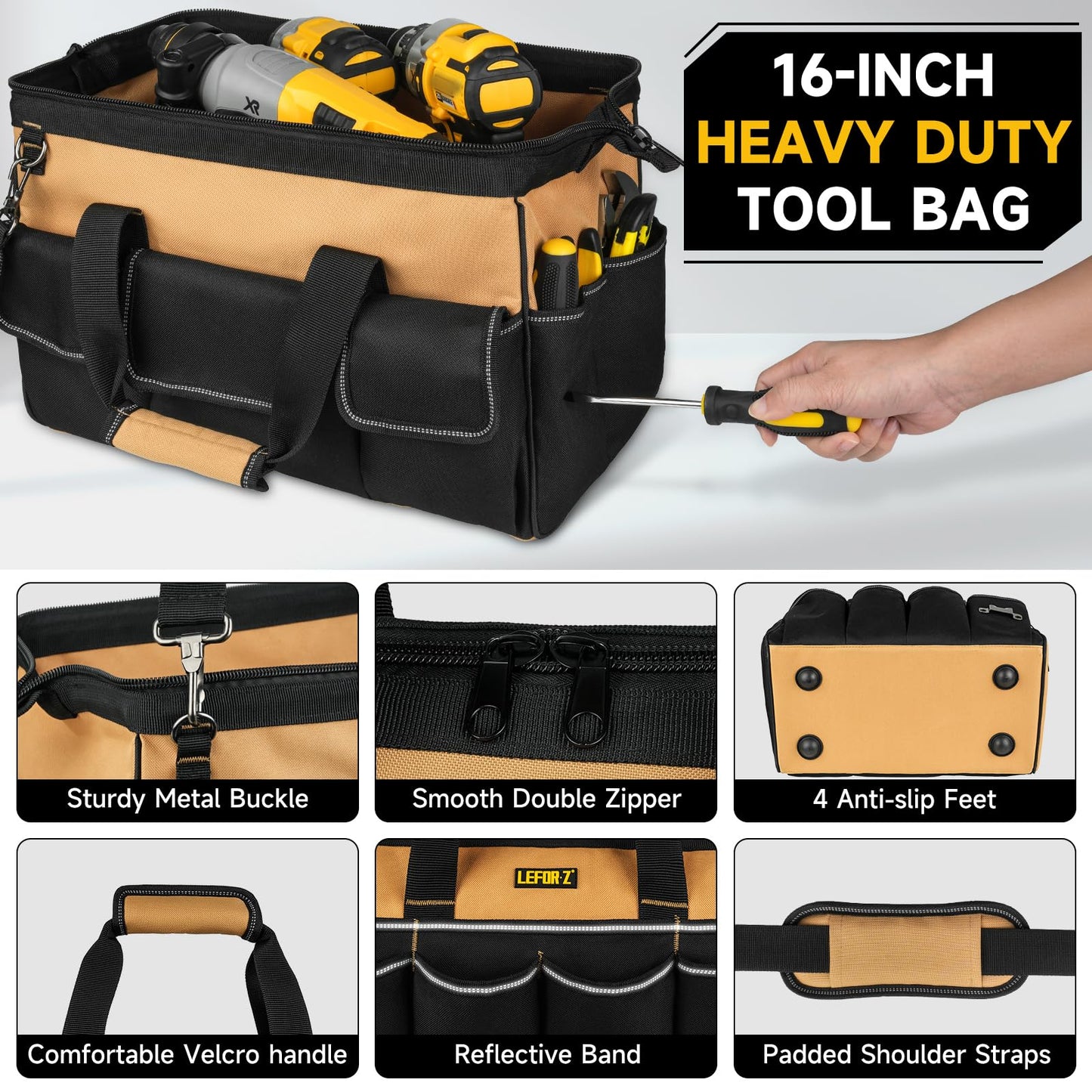 27 Pockets Tool Bags for Men,16-Inch Heavy Duty Tool Bag,Large Toolbag Tool Box Organizer,Portable Toolbox Tools Tote Carrying Case for Mechanic,Electrician,Father Day Gifts for Him Dad Men,Brown