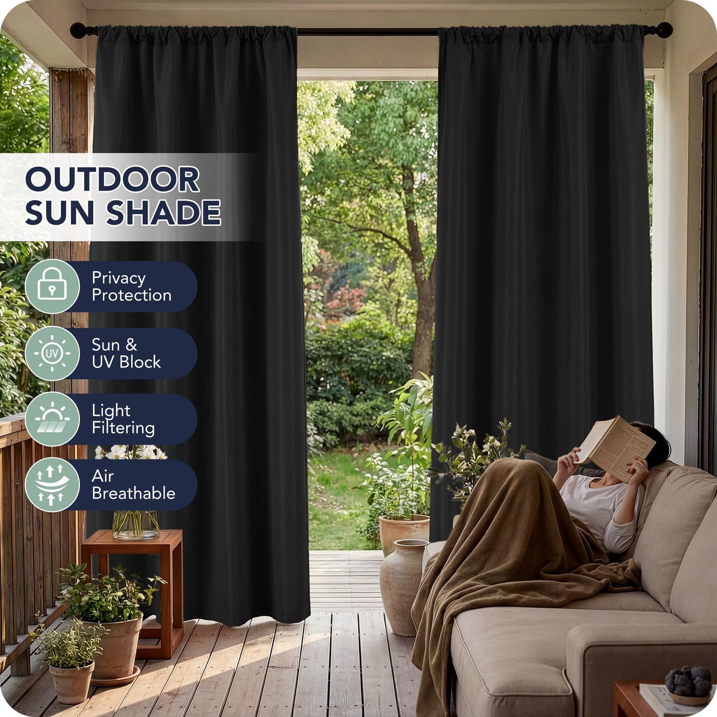 RichSets Black Outdoor Curtains for Patio Waterproof - 8 Panels Weatherproof Privacy Outside Curtains with Rod Pocket for Pergola, Gazebo, Porch, Cabana, Balcony, 54 x 95 Inch