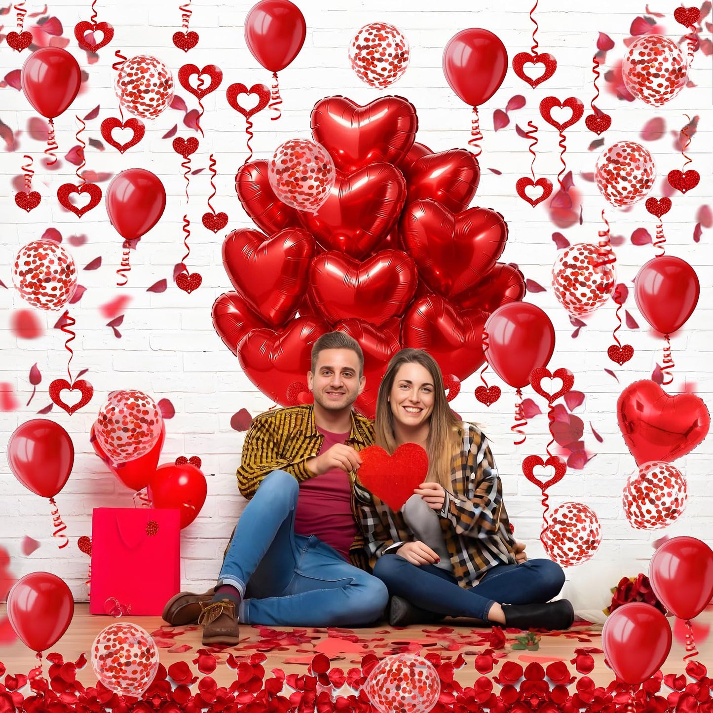 Heart-Shaped Aluminum Foil Balloon,Red Latex balloons,Confetti Balloon,Fake Petals and Hanging Streamer for Valentines Wedding Bridal Shower Anniversary Engagement Party Supplies Decorations