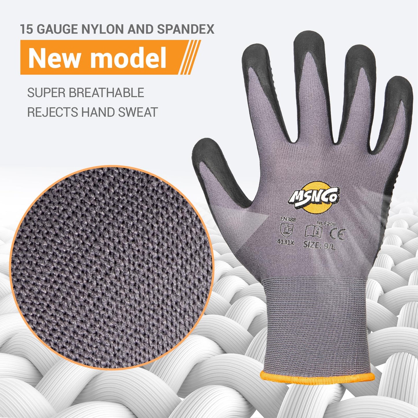 MSNCO Safety Work Gloves 6/12 Pairs Micro Foam Nitrile Coated Endurance Seamless Knit Nylon ，Wear-resistant mechanical gloves with raised dots L Bump