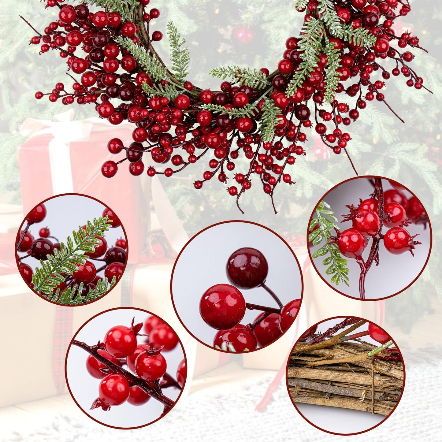 Yawwind 20 Inches Red Christmas Wreaths Farmhouse Christmas Wreaths for Front Door Classic Red Berry Wreath Winter Holiday Wreath with Fir Pine Needle for Doors Window Indoors Porches Outside