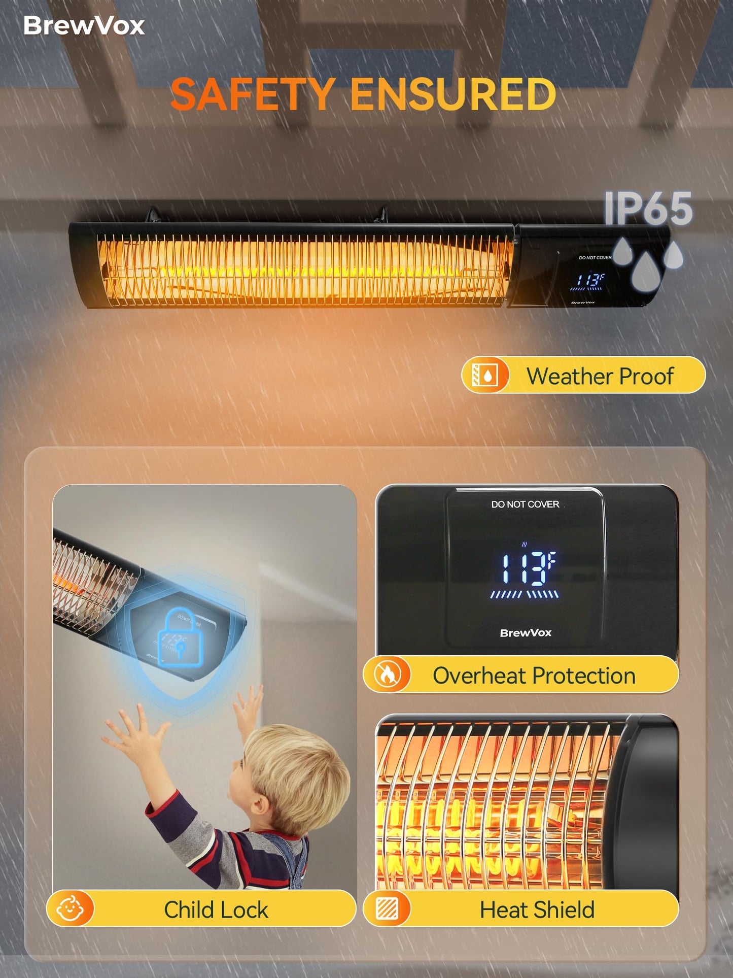 BrewVox Carbon Infrared Electric Outdoor Patio Heater with Thermostats, Smart App-Controlled with Remote On/Off & Timer for Living Room, Bedroom, Garage, Office