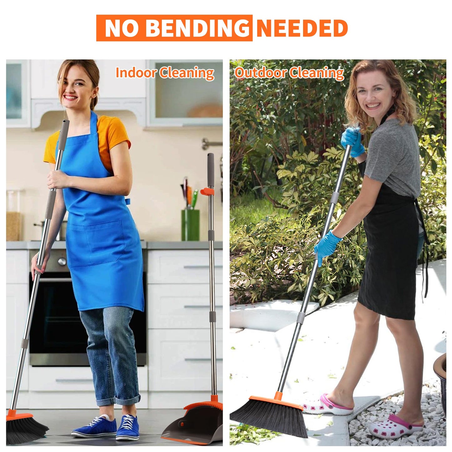 Upgraded Broom and Dustpan Set, 52" Long Handle Standing Combo with Self-Cleaning Teeth – Perfect for Pet Hair, Kitchen, Office, Home, Indoor & Outdoor Cleaning(Orange & Gray)