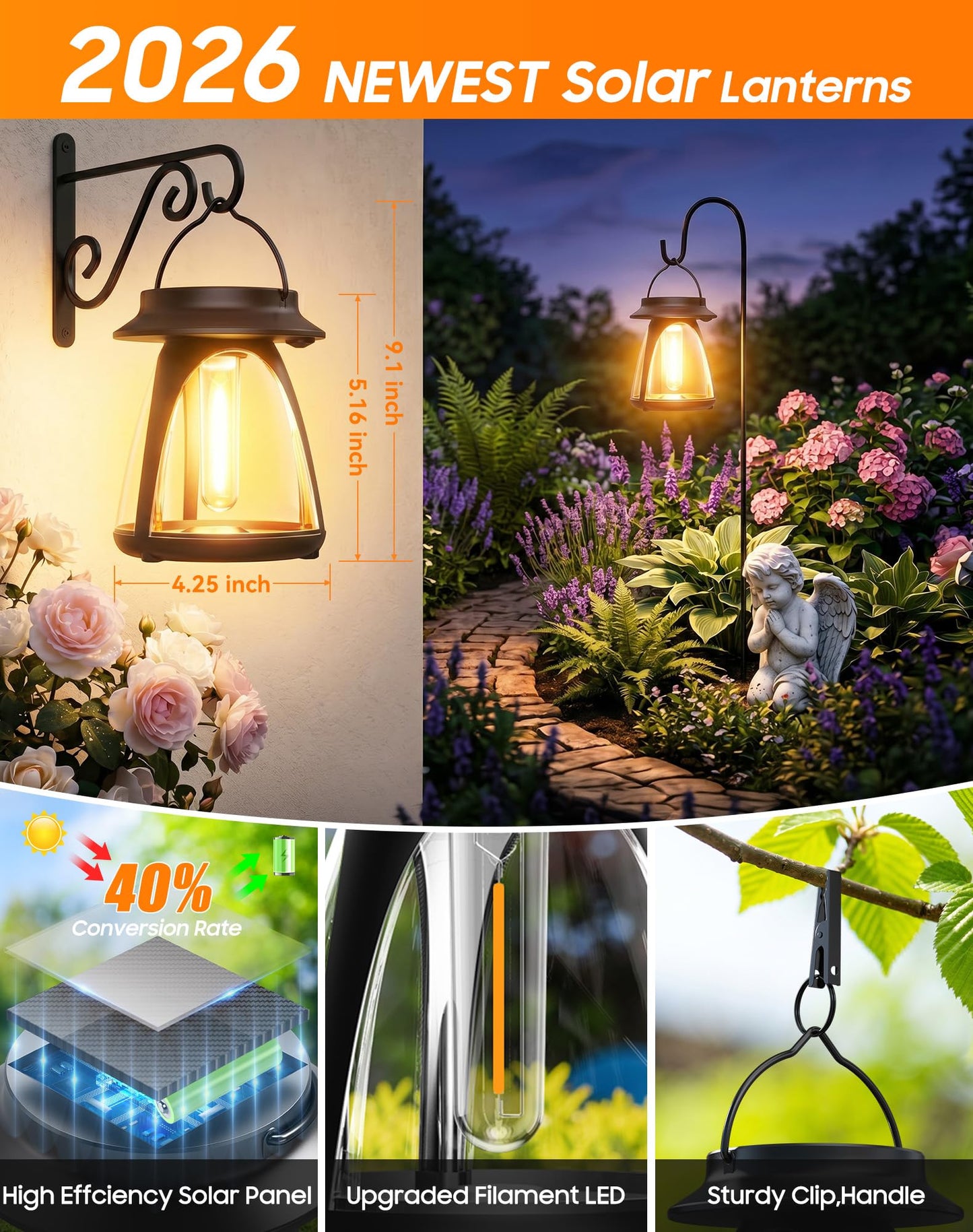 Bucasa Solar Lanterns Outdoor 2 Pack, Hanging Solar Lights Waterproof IP65, 8-14h Long time Warm Light, 2 Modes Solar Powered Modern Lantern/Lamp for Garden Patio Yard Decor, Gifts for Mom, Old Men