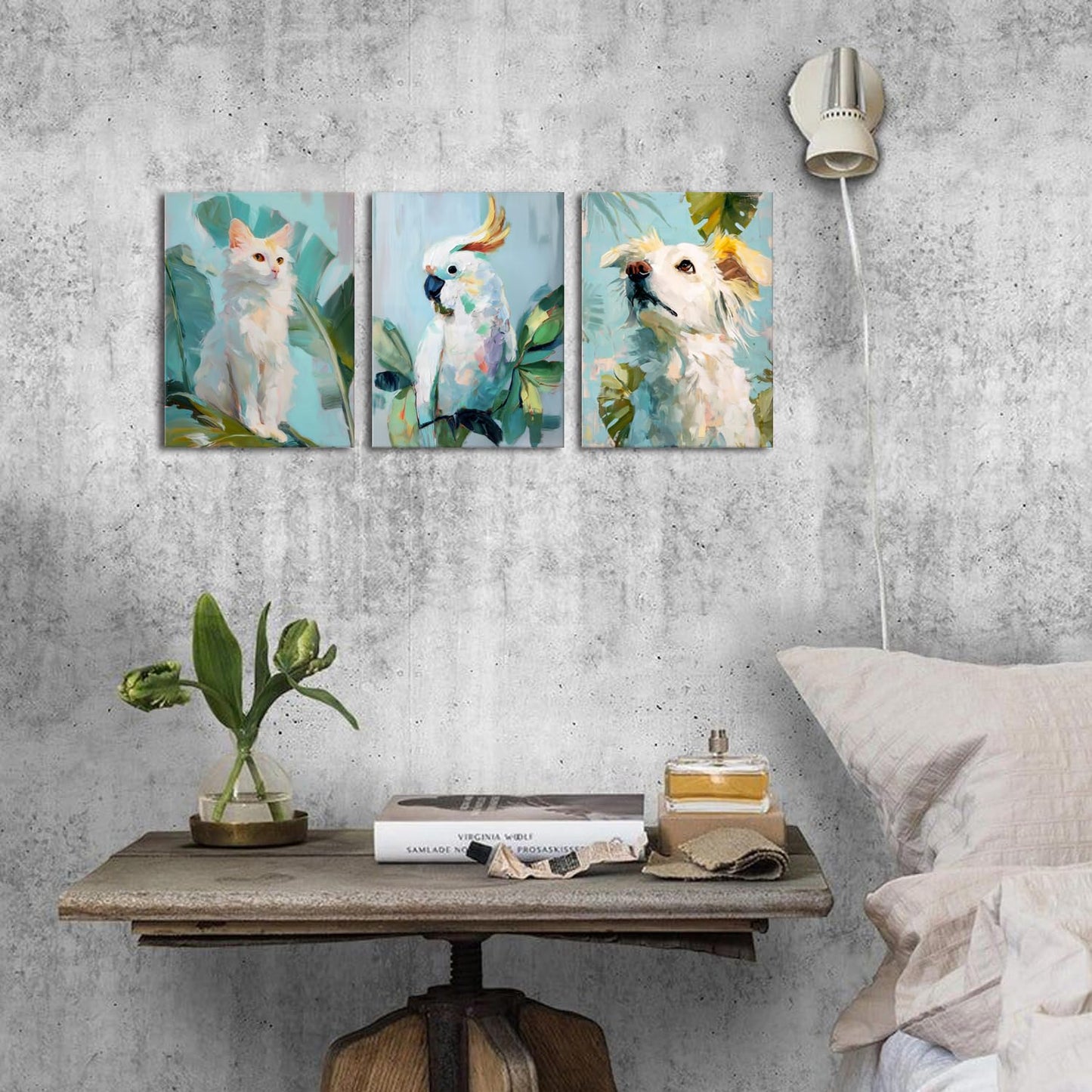 Family Pets Wall Art Cute Abstract Animal Wall Decor for Bedroom Nursery Cat Parrot Dog Pictures Boho Tropical Botanical Leaves Canvas Painting Modern Artwork Living Room Bathroom Decoration 12x16" 3P