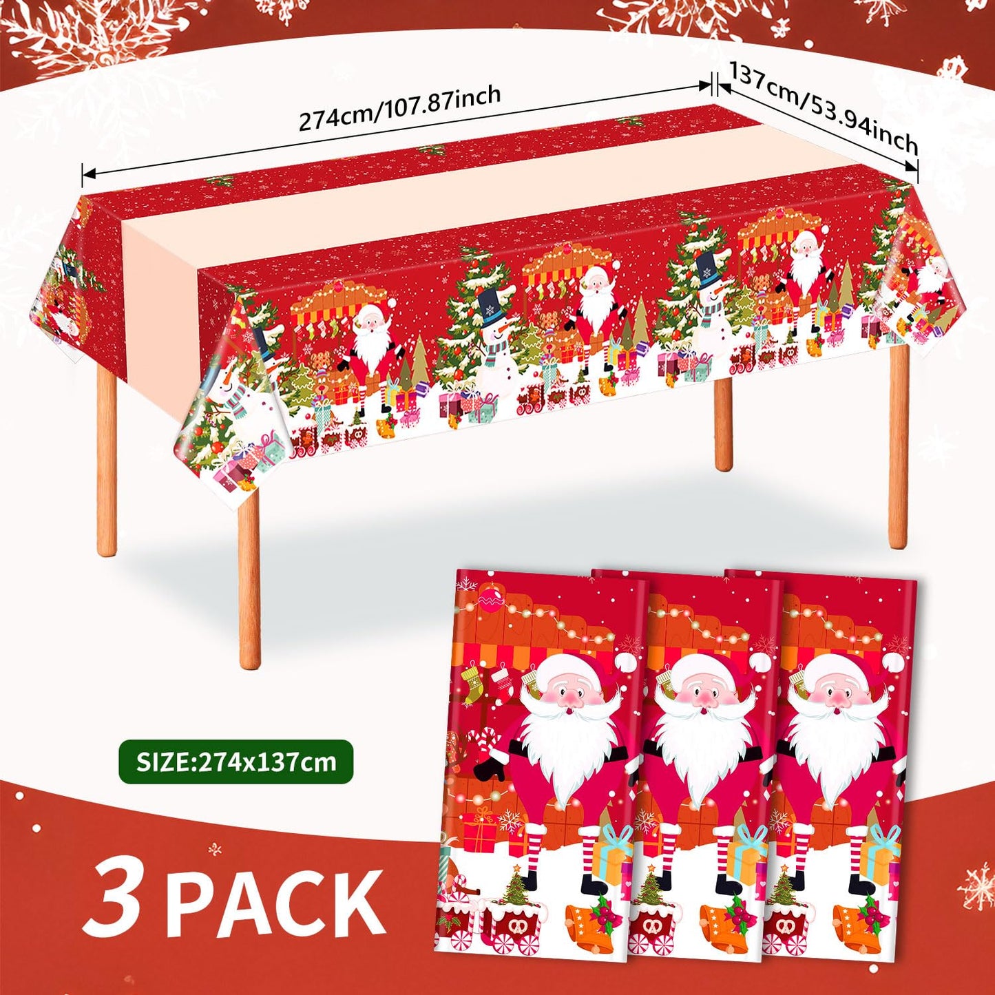 CartaChic Christmas Tablecloth Disposable 3 Pack – 54 x 108 Inch Red Plastic Christmas Snowman Table Cloth for Rectangle Tables，Xmas Decor Holiday Party Supplies