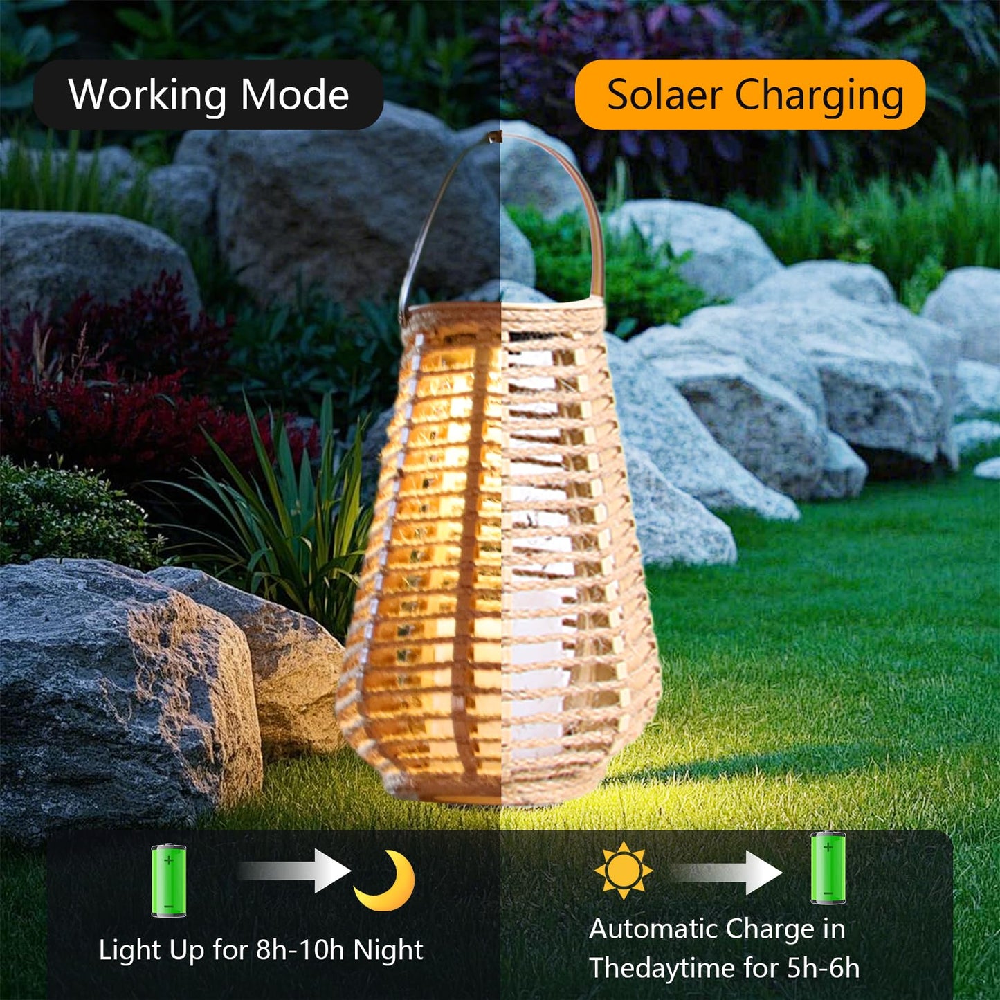 Solar Lanterns Outdoor Waterproof, Vase-Shaped Solar Lantern with Handle, Hand-Wound Rope Outdoor Lantern Dusk to Dawn 6-8Hr, Hanging & Tabletop Decor for Garden/Patio