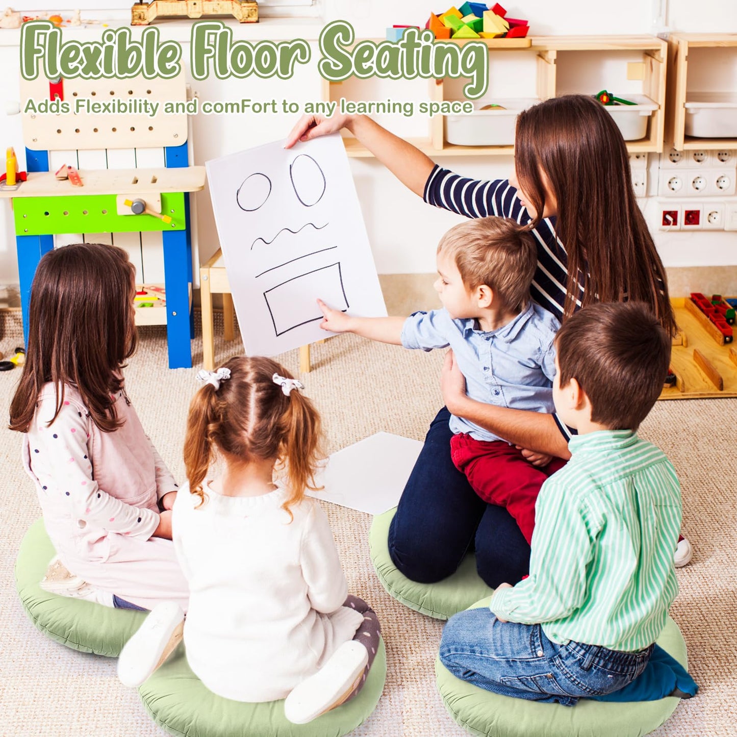Fumete 12 Pcs Floor Pillows Cushions Seating 16 x 16 Inches Color Round Seat Reading Floor Chair Cushions for Kids Adults Classroom Home School Playing Supplies(Green)