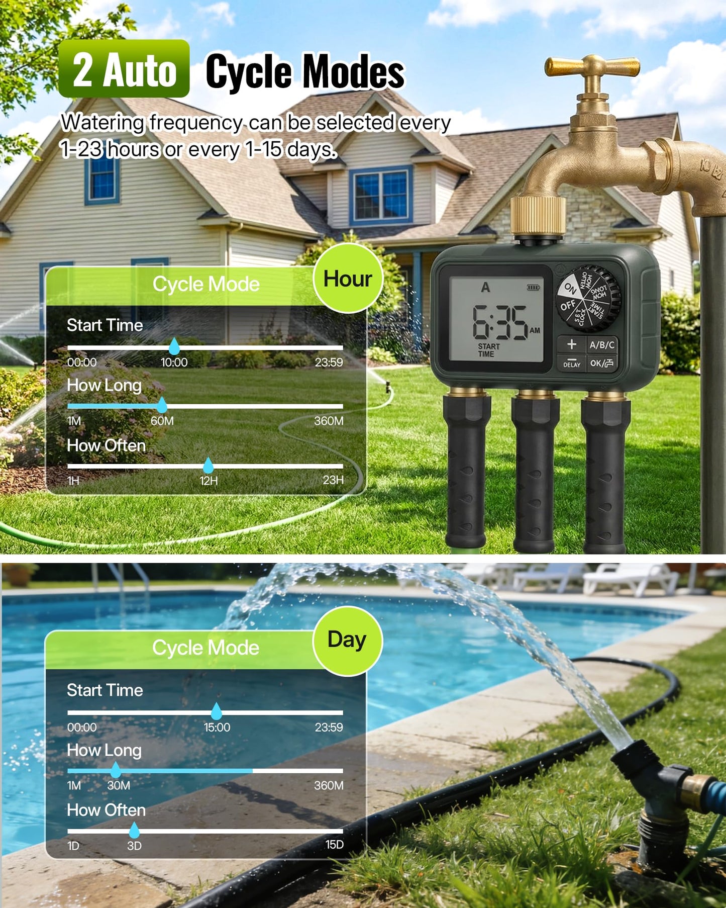WILAWELS Brass Sprinkler Timer with Swivel, Programmable Water Timer for Garden Hose with Auto/Manual/Rain Delay Watering, Digital Irrigation System Kit,for Garden, Yard, Lawn 3 Outlet F13WT06