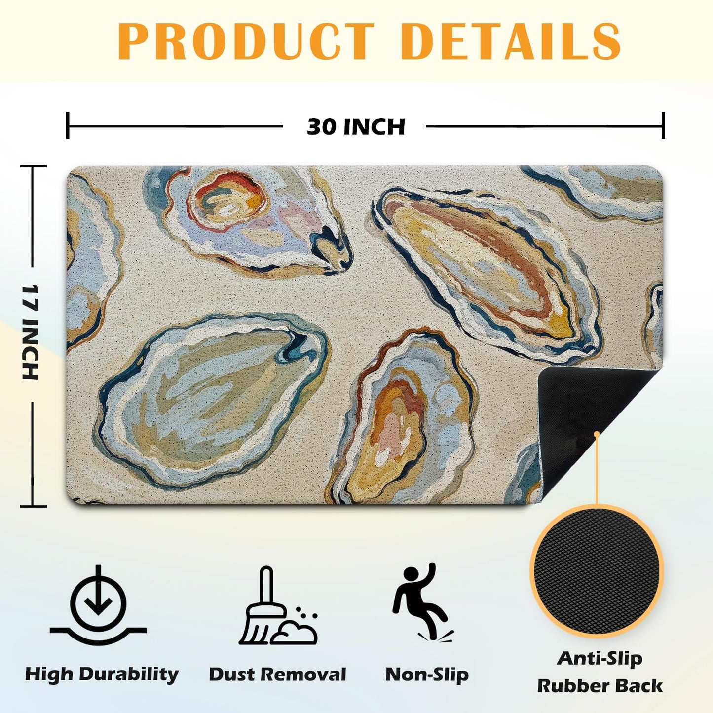 JINYO Coastal Beach Door Mat, Oyster Door Mat Indoor Outdoor Entrance Entryway Porch, Ocean Coastal Nautical Bath Mats for Bathroom, Beachy Welcome Mats, 17x30 Inch