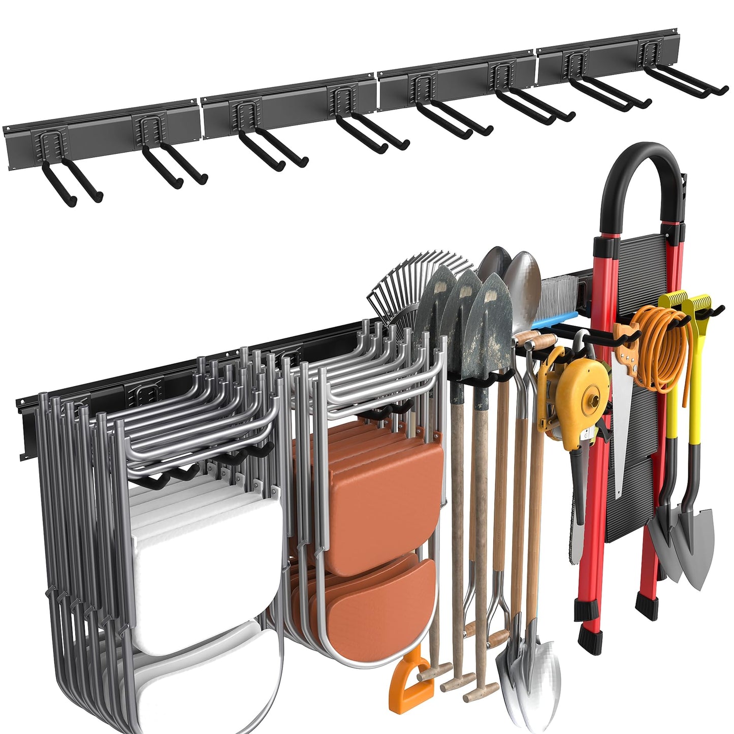 WALMANN Wall Mounted Garden Tool Organizer for Garage, Heavy Duty Folding Chair Storage Rack, 11-Inch Tools Storage Hooks for Shovels, Rakes, Ladders, Hold Up to 400 lbs(Tool Rack)