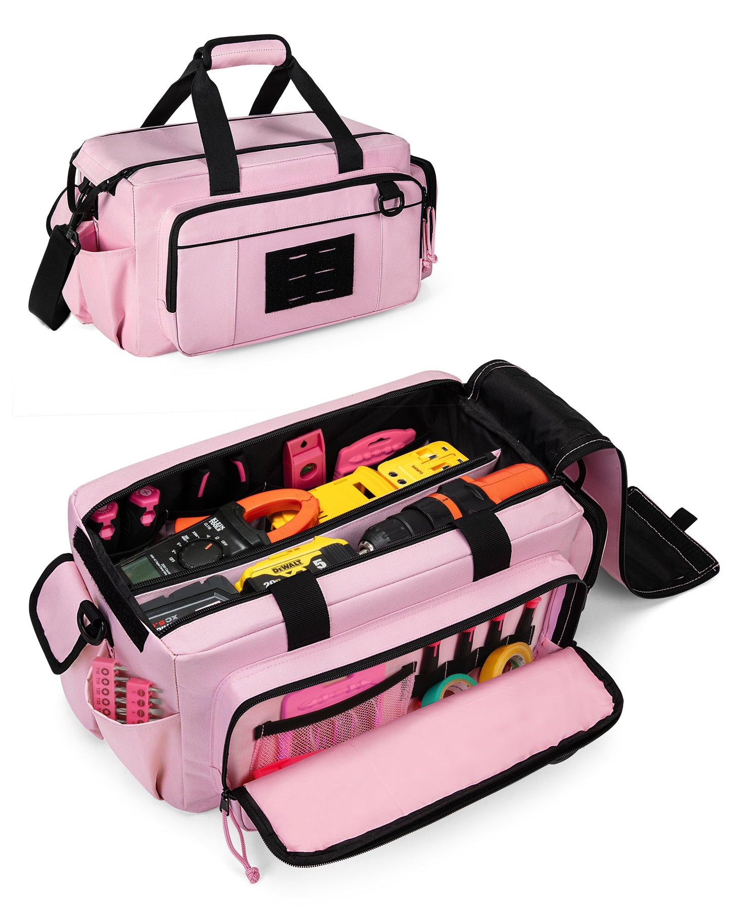 Trahzia Tactical Tool Bag for Women, 16 Inches Tool Storage Organizer Box with Wide Mouth, Large Toolbag Toolbox with Handle, Pink (Empty Bag Only)