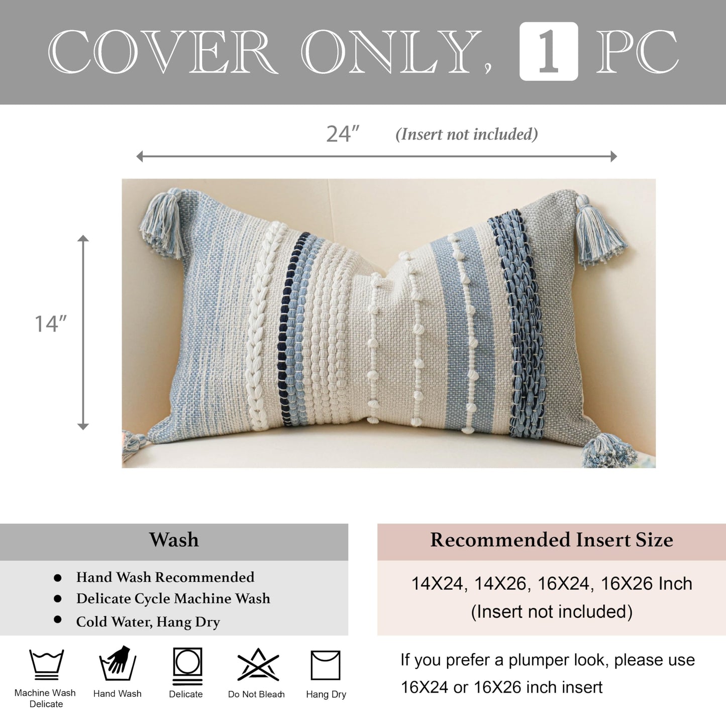 BlissBlush Decorative Lumbar Throw Pillow Cover 14x24 Boho Coastal Blue Accent Cushion for Couch Sofa Farmhouse Pillowcase for Bedroom Living Room Home Décor Cover ONLY