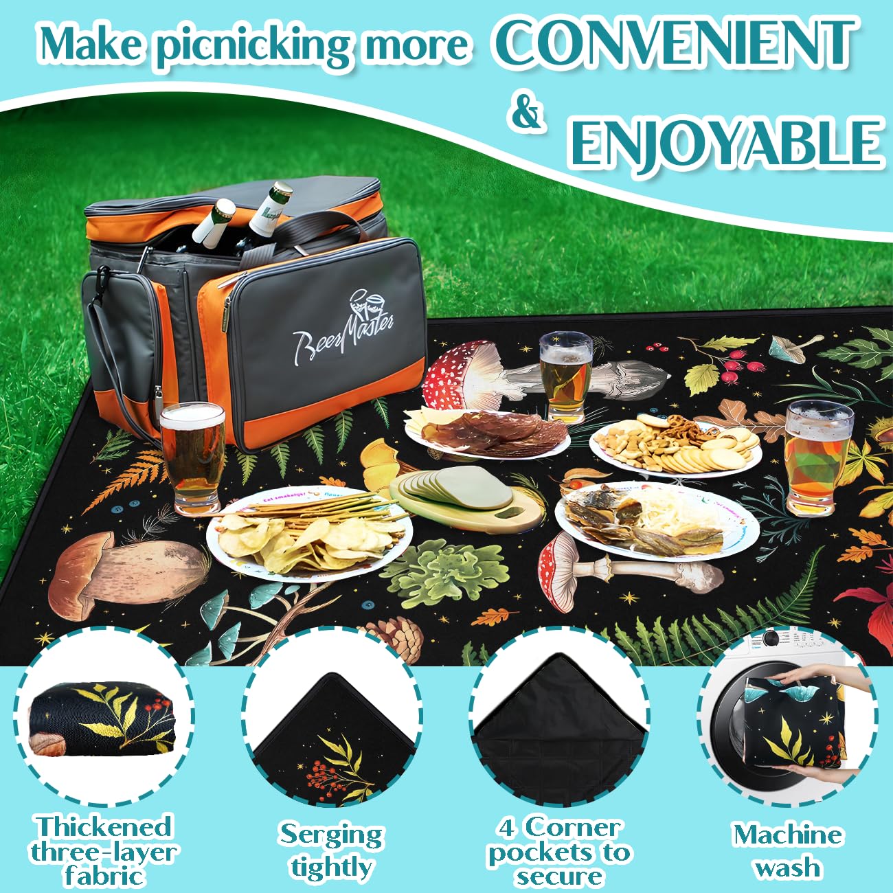 awufncksn Mushroom Picnic Blankets Waterproof Foldable, 60″X80″Thick Three Layer Picnic Mat Outdoor Blanket for Grass,Cute Beach Blanket Sandproof Picnic Accessories for Camping Party Park Hiking
