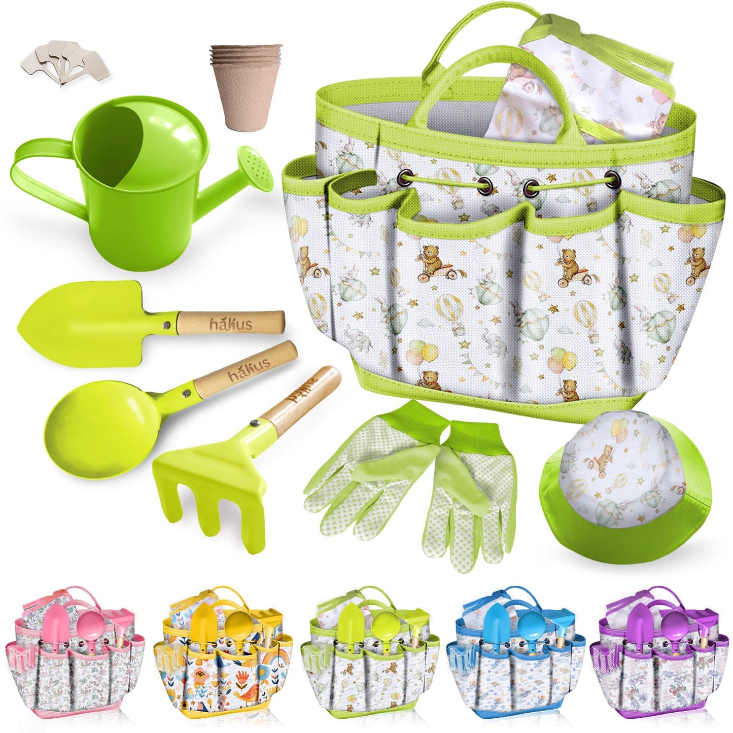 Kids Gardening Tool Set 18PCS Kids Toddler Gardening Set Includes Tote Bag Watering Can Apron Hat Rake Shovel Spoon Gloves Plant Pots and Labels, Outdoor Toys Gift for Boys Girls (Green)