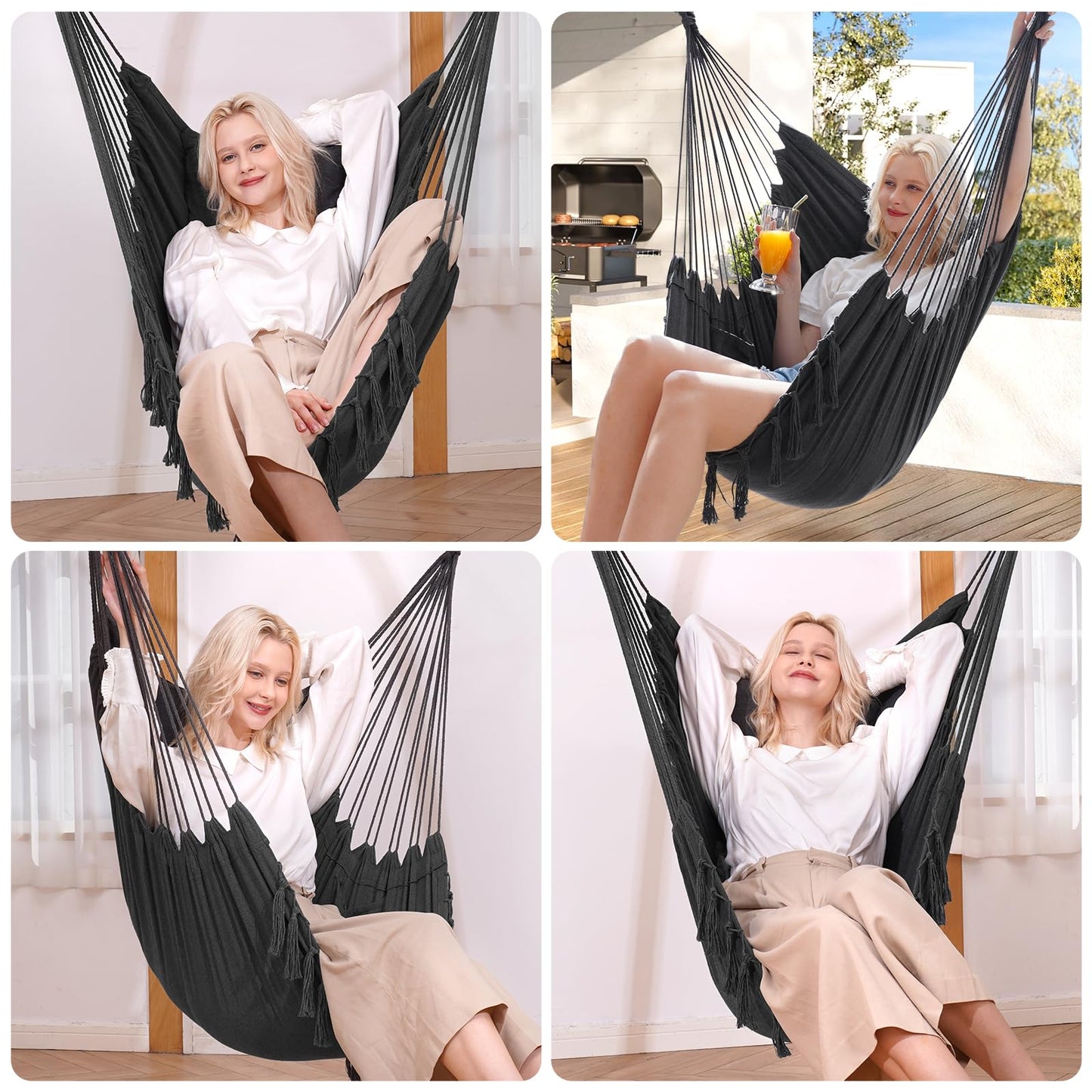 Y- STOP Hammock Chair Hanging Rope Swing, Max 500 Lbs, 2 Cushions Included, Large Macrame Hanging Chair with Pocket, Cotton Weave for Superior Comfort, Durability (Dark Grey)