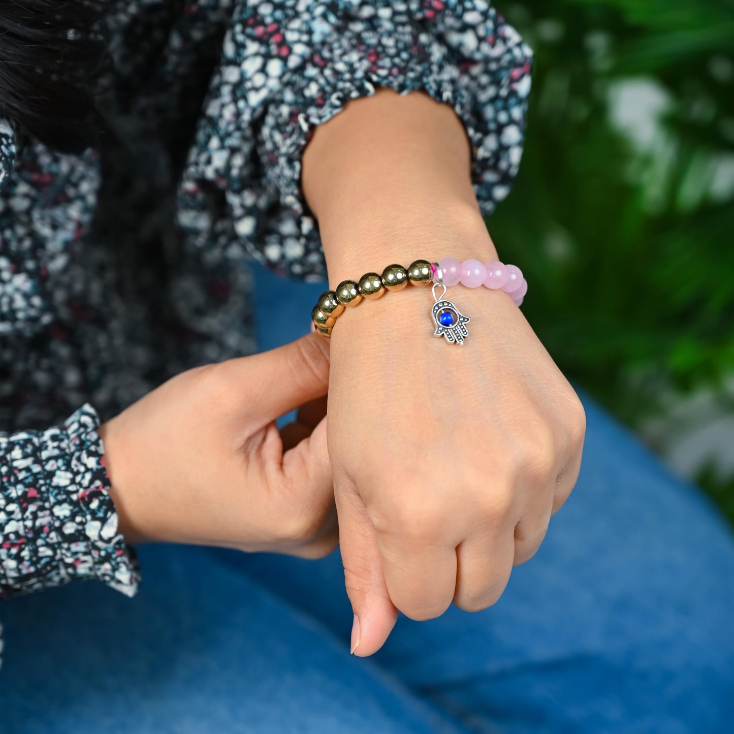 Crocon Pyrite and Rose Quartz Beaded Bracelet with hamsa symbol Healing Crystals & Gemstones Evil Eye Charm Beads Bracelet for Men & Women Birthday Mom Inspirational Gifts for Her 8mm Beads