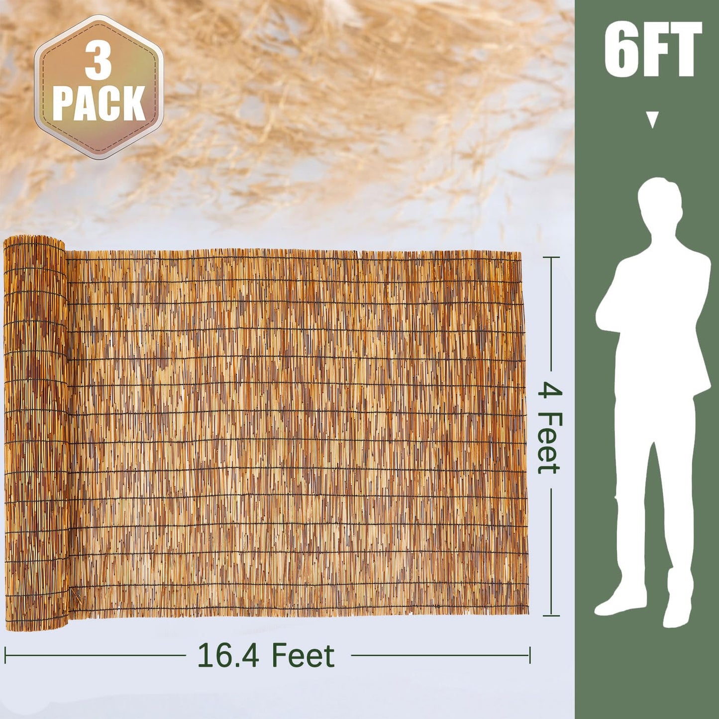 Barydat 3 Pcs 4 x 16.4 ft Reed Fence Roll, 85% Shade Bamboo Privacy Screen, Natural Decorative Reed Fencing for Outdoor Garden Backyard Patio Balcony