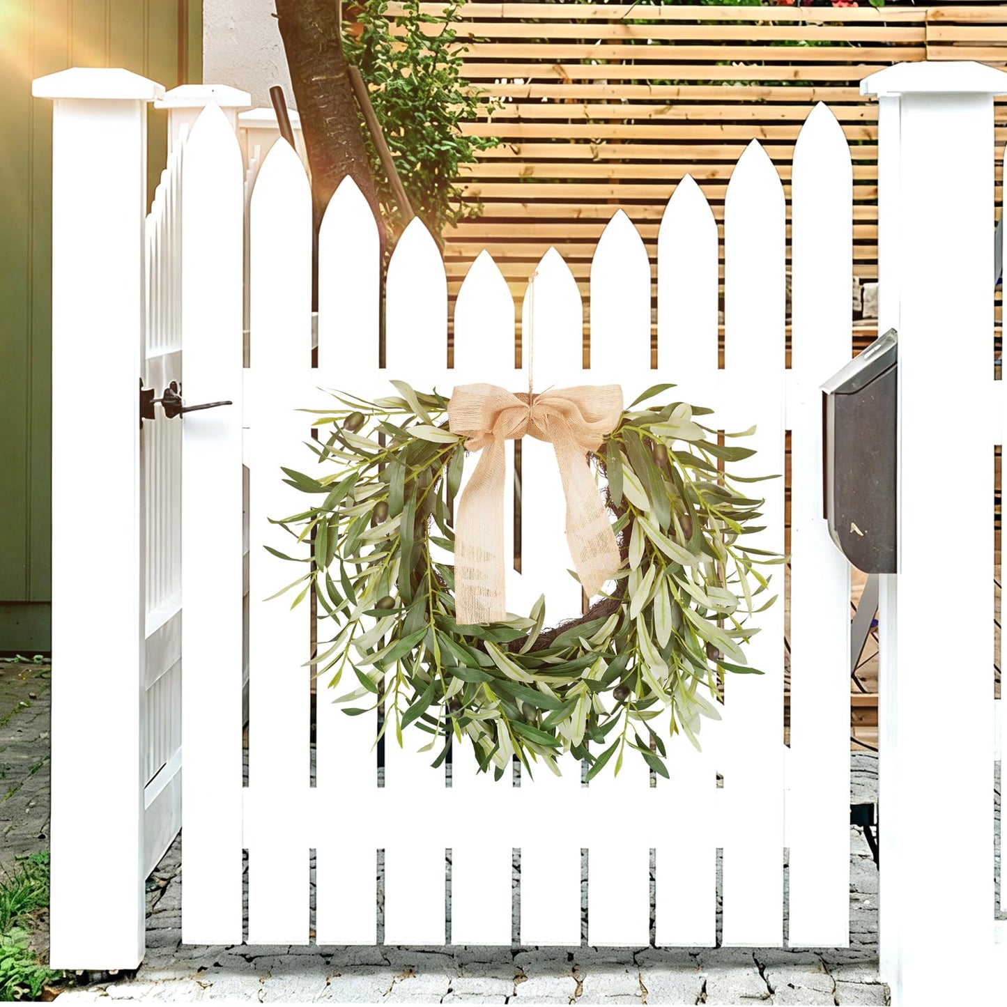20.87 Inch Artificial Olive Wreaths for Front Door, Real Touch Green Leaf Olive Fruit Spring Flower Swag, Perfect for Wedding Home Outdoor Indoor (1PCS)