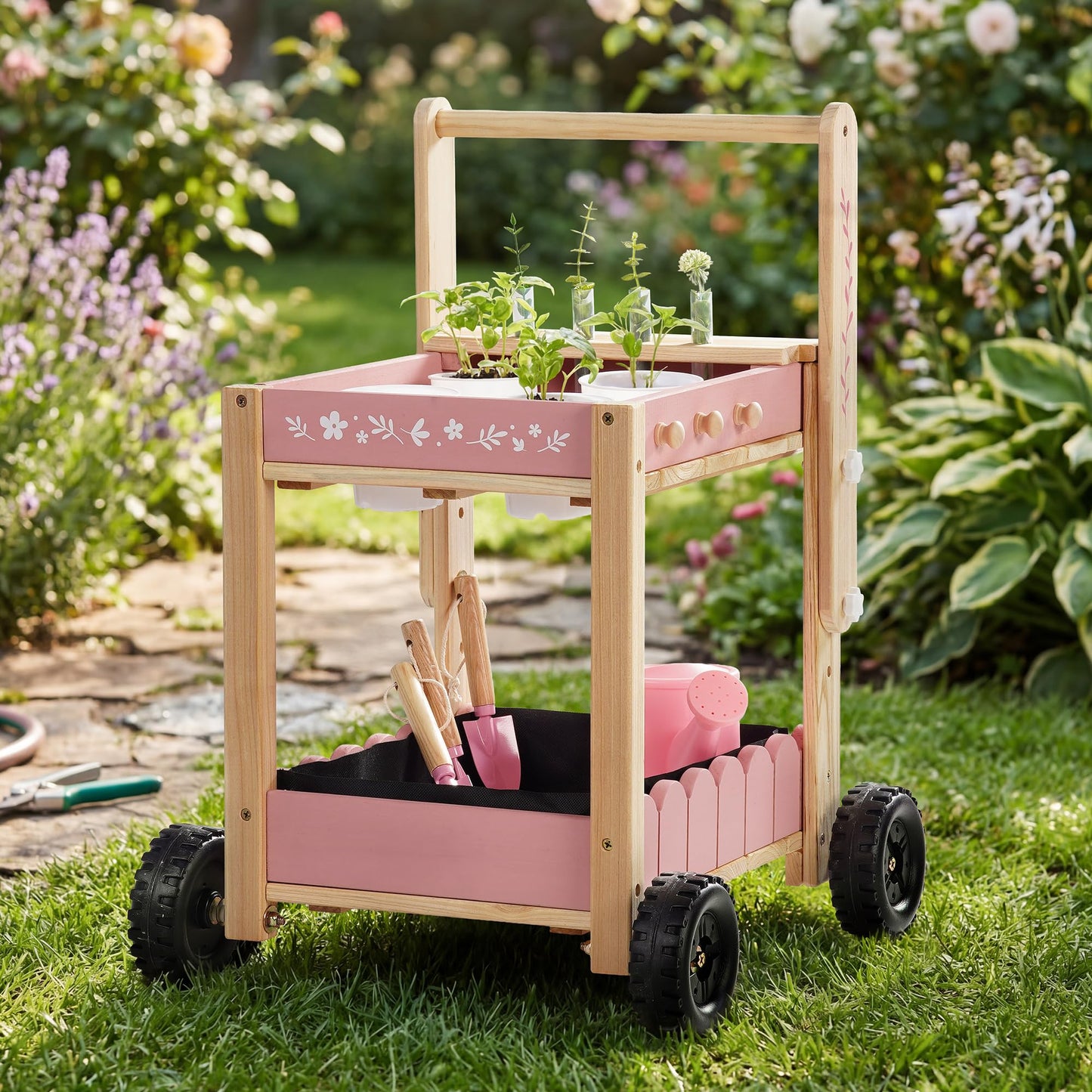 ROBOTIME Kids Gardening Tools with Cart Wheelbarrow - Wooden Outdoor Garden Toys Set with Watering Can, Shovel, Hand Rake & Plant Labels, Outdoor Backyard Play Toys for Toddler Gift (Pink)