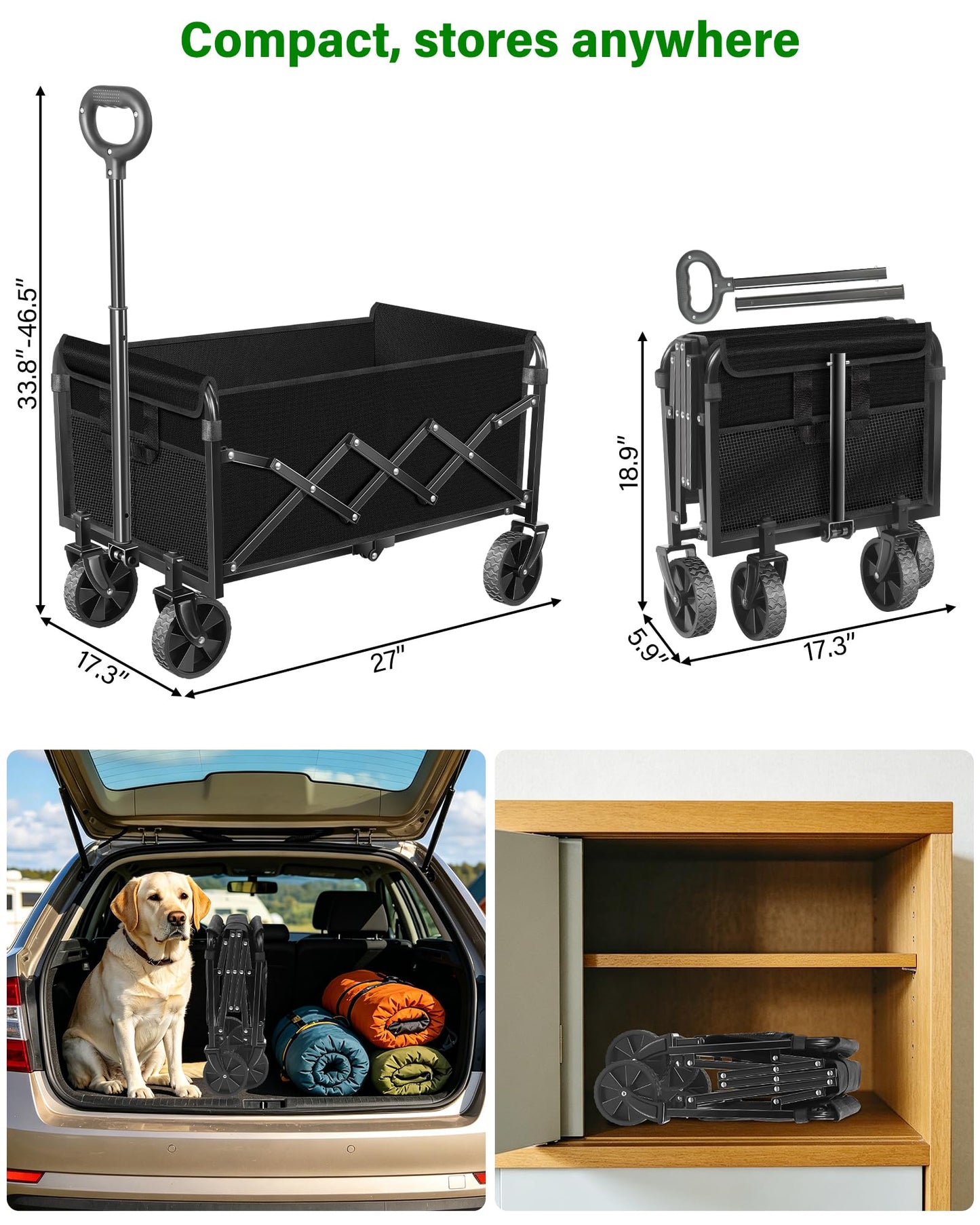 Collapsible Wagons Carts Foldable Wagon, Foldable Wagon Cart with Wheels, Folding Wagons for Beach Camp Sports Garden, 2 Cup Holders/Lightweight Portable/Black/360 LBS