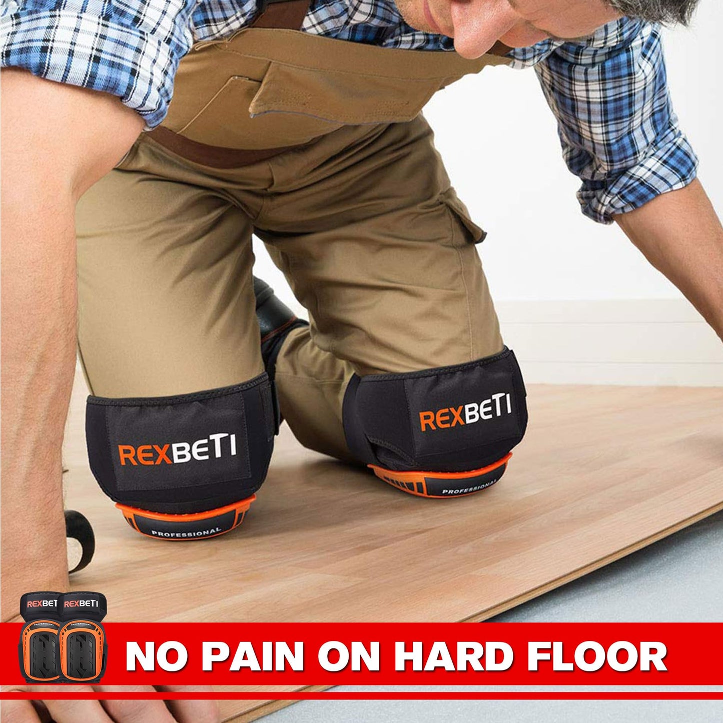 REXBETI Knee Pads for Work, Construction Knee Pads for Men, Heavy Duty Comfortable Anti-slip Foam Gel Knee Pads for Gardening Flooring and Cleaning, Strong Stretchable Straps, Orange