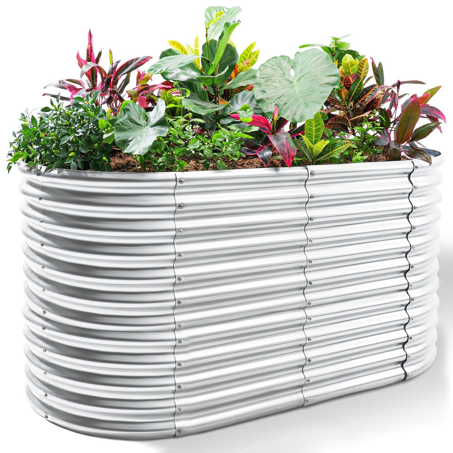 Land Guard 8x4x3ft Oval Galvanized Raised Garden Beds, Large-Capacity Metal Planter Box Outdoor, Durable Deep Raised Garden Bed 3ft Tall, Raised Beds for Gardening Vegetables, Classic Silver