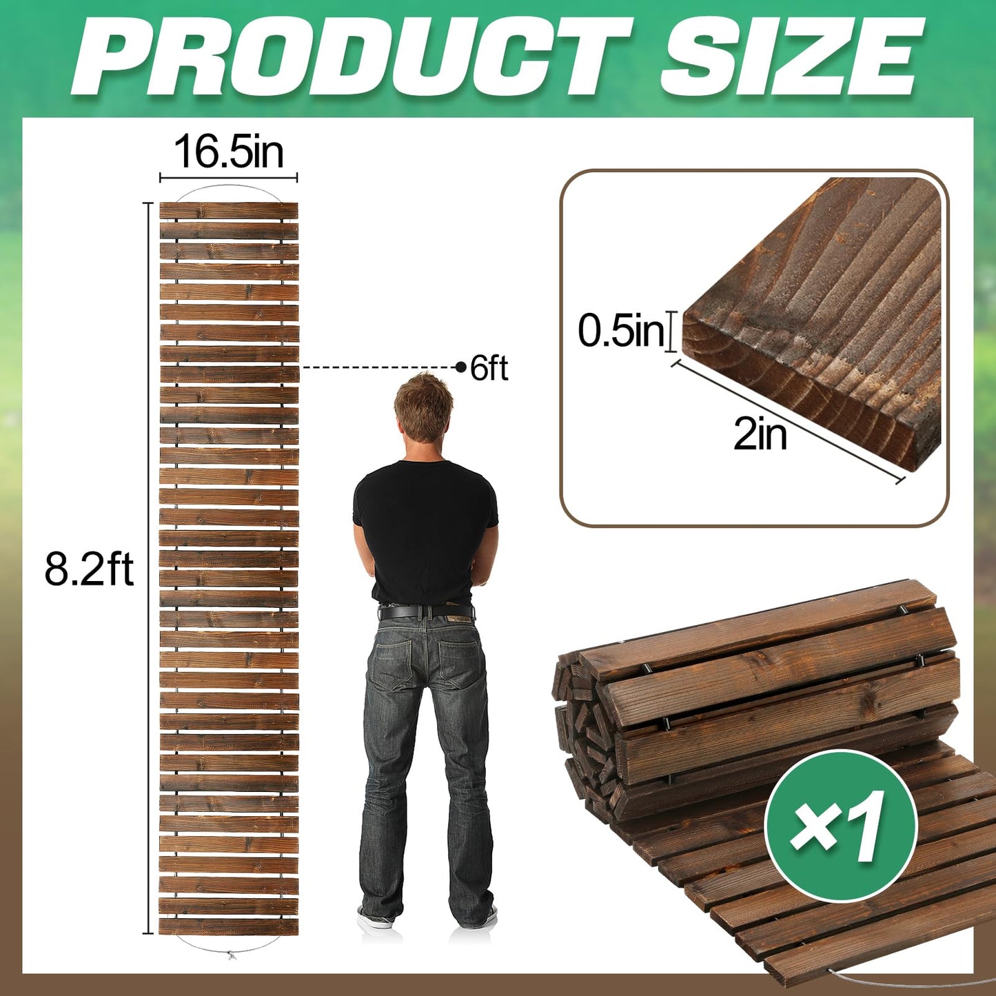 8.2ft Wooden Garden Pathway - Weather Resistant Carbonized Pine Roll Out Decorative Walkway, Boardwalk Pathway Pavers for Outside Stepping Stones Outdoor Flooring Patio Pool Backyard (Brown)
