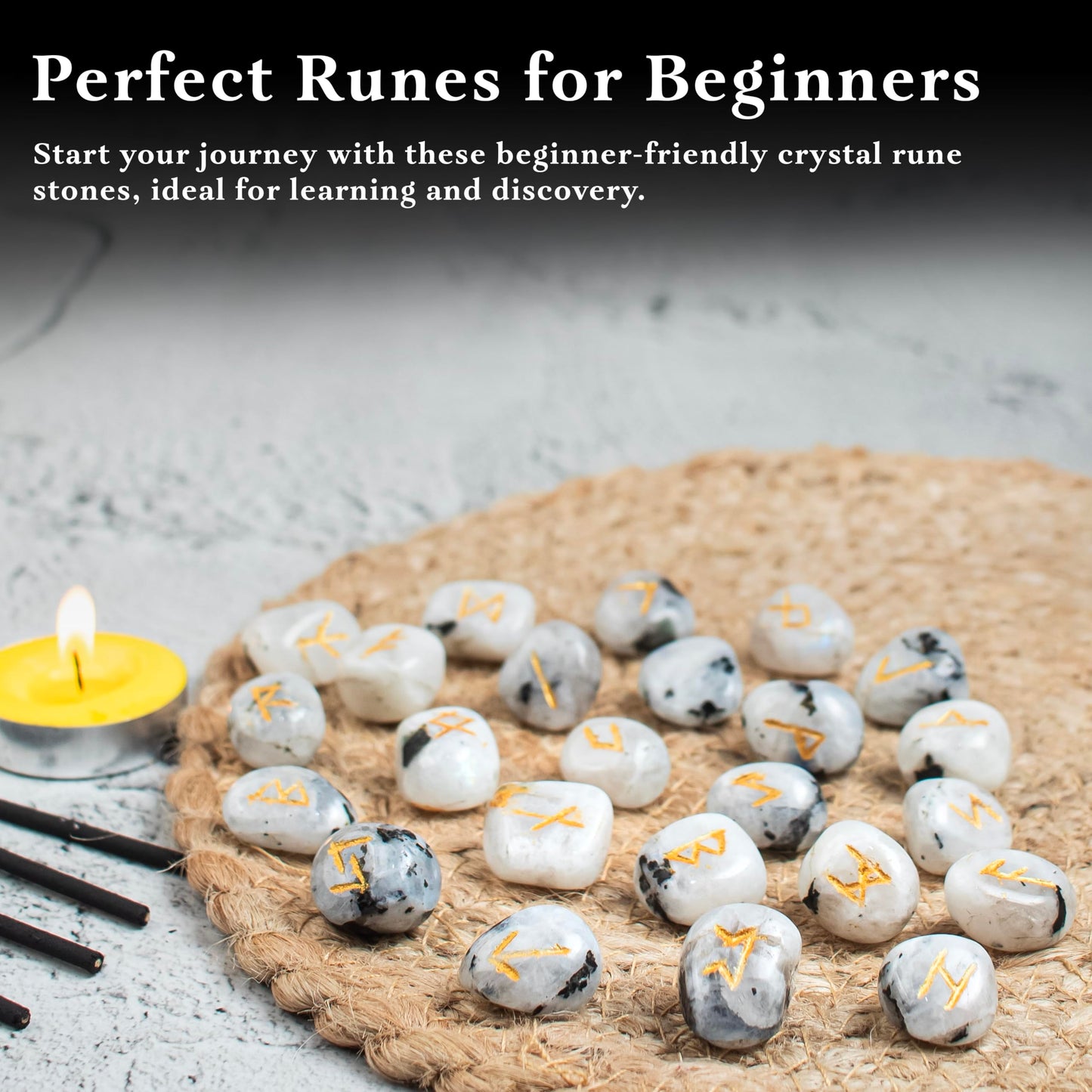 Crocon Rainbow Moonstone Rune Stones Sets 25 pcs for Beginners with Elder Futhark Alphabets for Healing Chakra Crystals Reiki feng Shui Gemstone Runes Set Size: 15-20 mm with a Pouch & Rune brochure