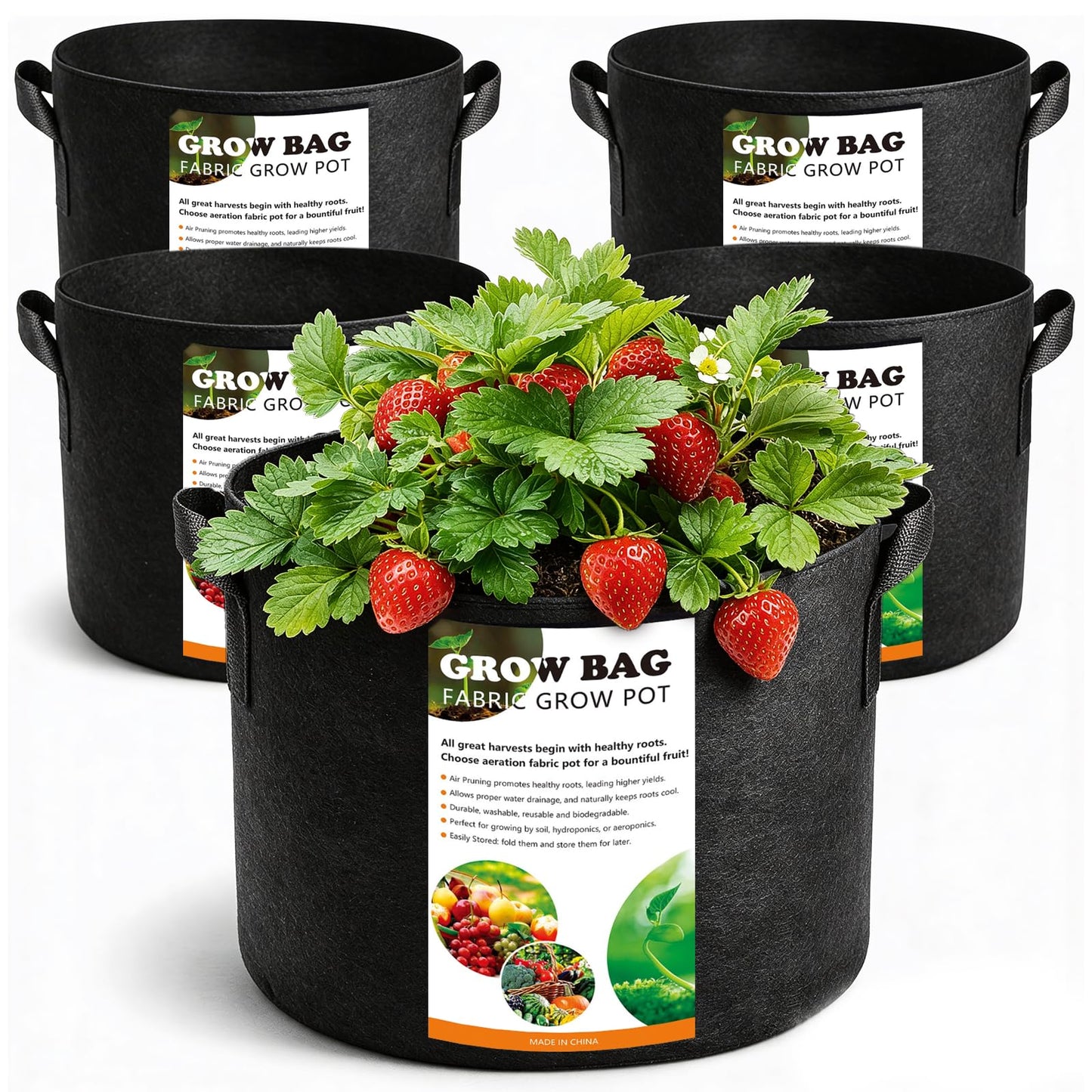 COKIELE 5 Pack 5 Gallon Grow Bags, Thickened Aeration Nonwoven Fabric Plant Pots with Handles, Heavy Duty 300G Garden Planting Bag for Tomato, Potato, Strawberry, Vegetable, Fruits and Flowers