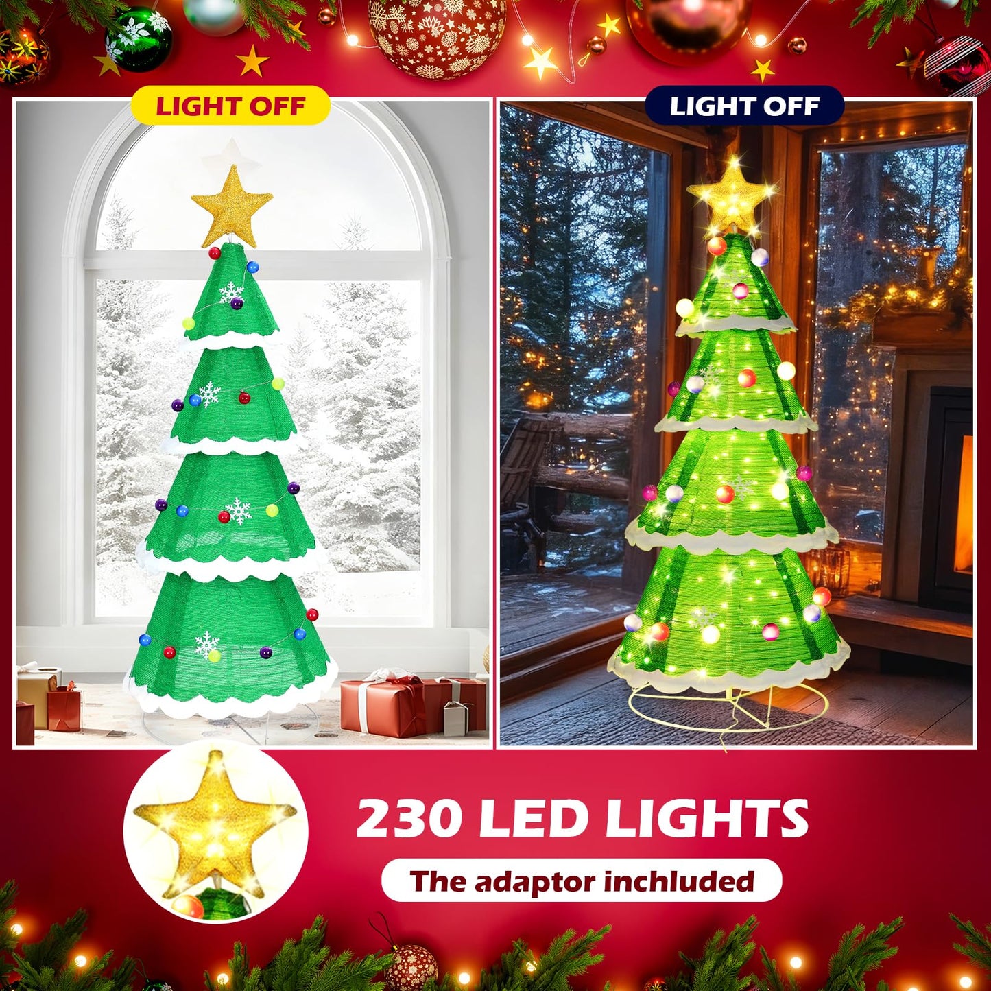 Tujoe 6.5ft Christmas Tree Pop up Indoor Outdoor, 230 LED Lights Holiday Decor with Stakes & Collapsible Holiday Christmas Decoration for Home, Yard, Lawn, Party