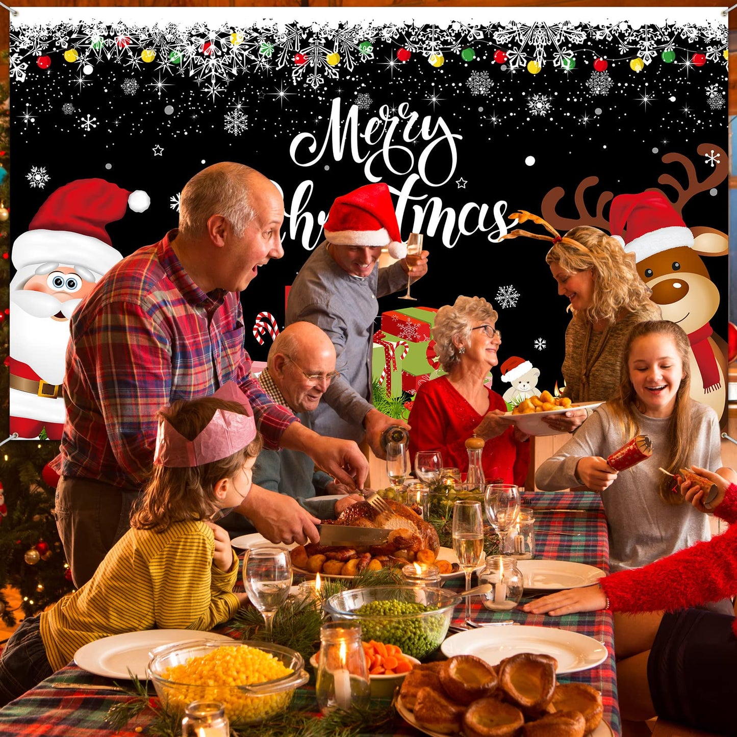 Irenare Christmas Banner Backdrop, Black Santa Claus Reindeer Merry Christmas Banner 72.8 X 43.3 Inch Indoor for Xmas Holiday Party Photo Booth Photography Wall Hanging Decor