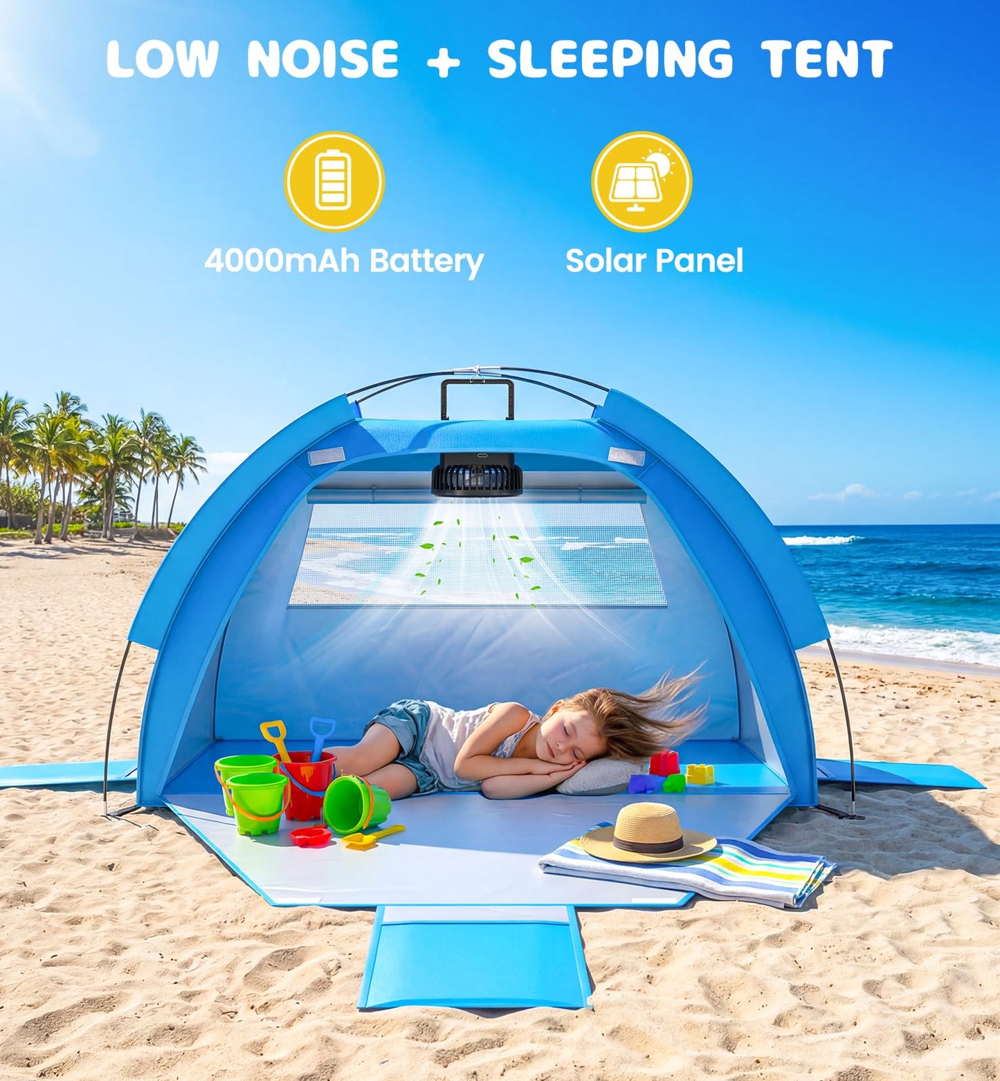 Dsquu Baby Beach Tent Solar Cooling Fan, Anti-UV Toddler Beach Tent Sun Shelter Portable Travel Fan Beach Shade Tent, Baby Play Tent Built-in Ceiling Fan Sun Shelters Toddler Beach Essentials