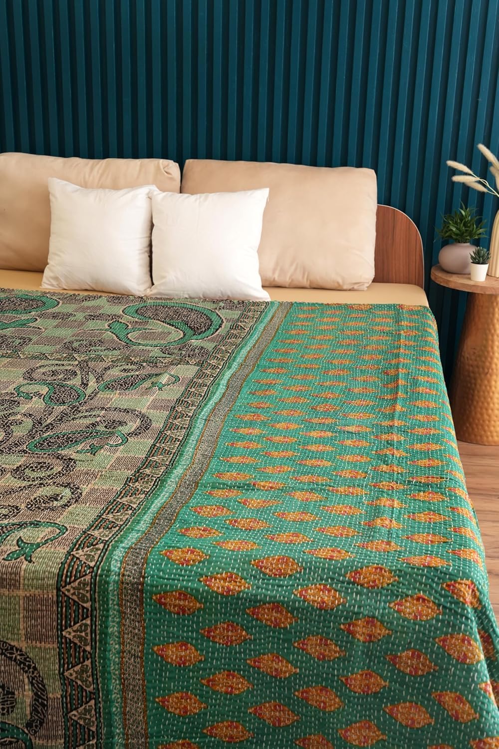 Handmade Cotton Vintage Kantha Quilt Boho Reversible one-of-a-Kind Kantha Throw Bedspread (Twin 90" x 60")