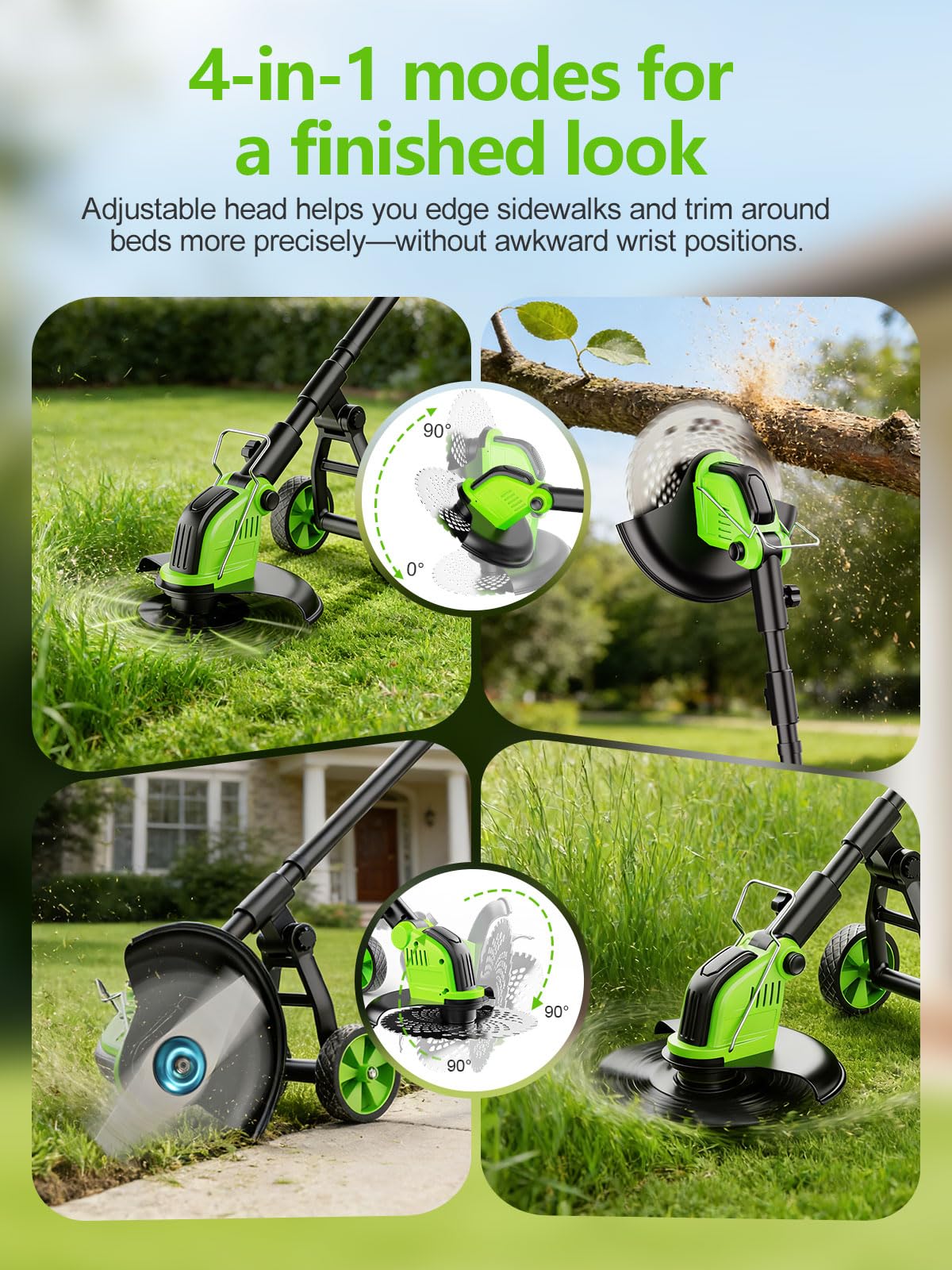 20,000RPM Cordless Electric Weed Wacker, 800W Brushless Weed Eater with Wheels, 12" 4-in-1 String Trimmer Lawn Edger Mini Lawn Mower Brush Cutter, Foldable, 21V, 2×4.0Ah Batteries Power Display